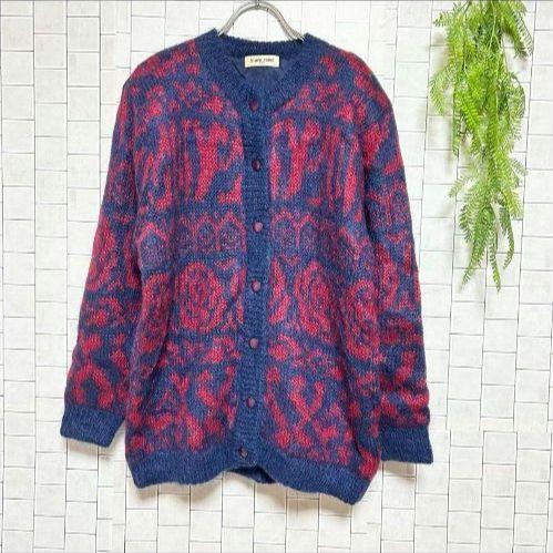 Tempo Primo Vintage Nordic No-Collar Knit Thick Cardigan Mohair All-Over Pattern