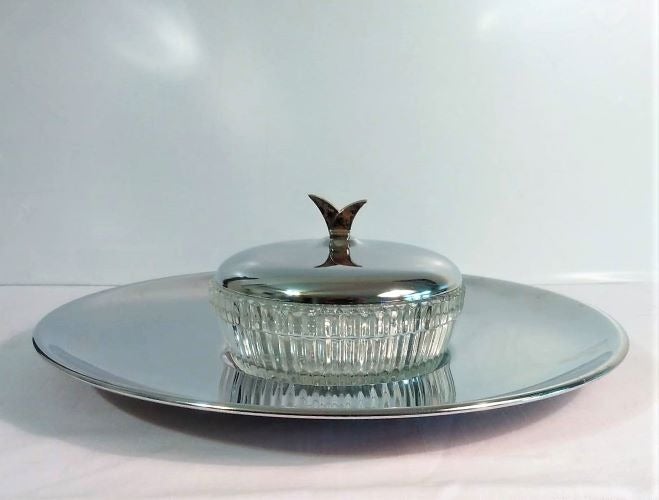 Vintage Chrome 13 Serving Tray Cut Glass Bowl Chrome Lid Brass Handle