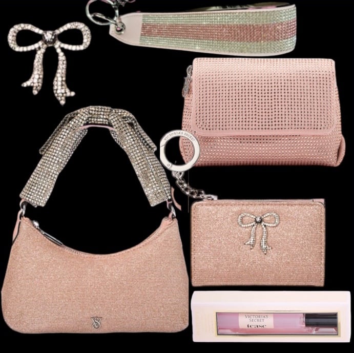 VICTORIA'S SECRET Mini Curve ROSE GOLD PINK RHINESTONE BOW Bag Bundle