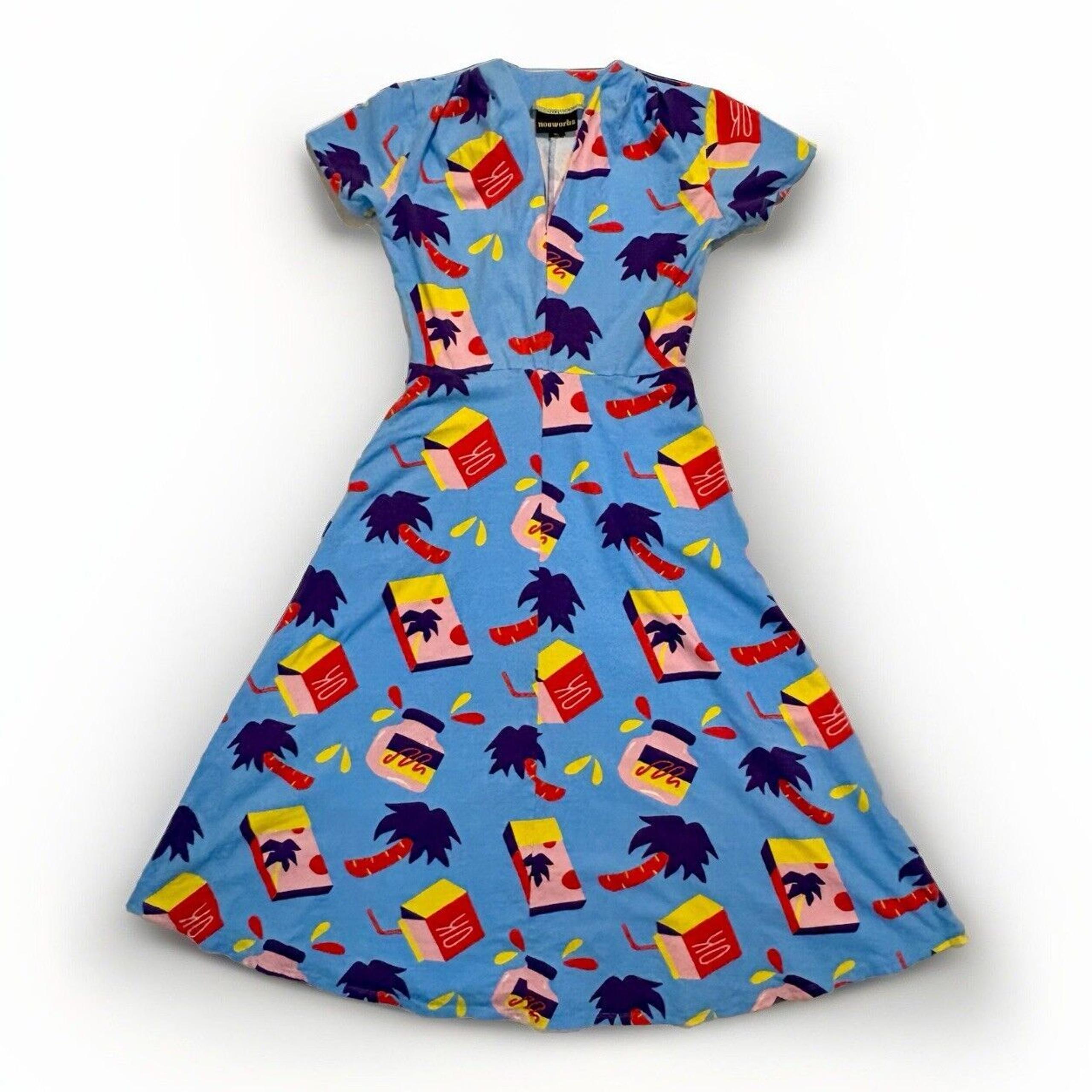 Nooworks Dress Womens S Blue Tropical Snacks Cotton Stretch Swing Greta Dress