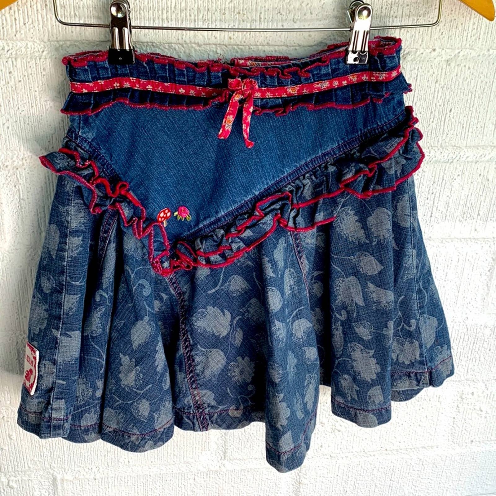 Oilily Girls Denim Ruffle Embroidered Mushroom Bow Floral Skirt sz 8 year Old