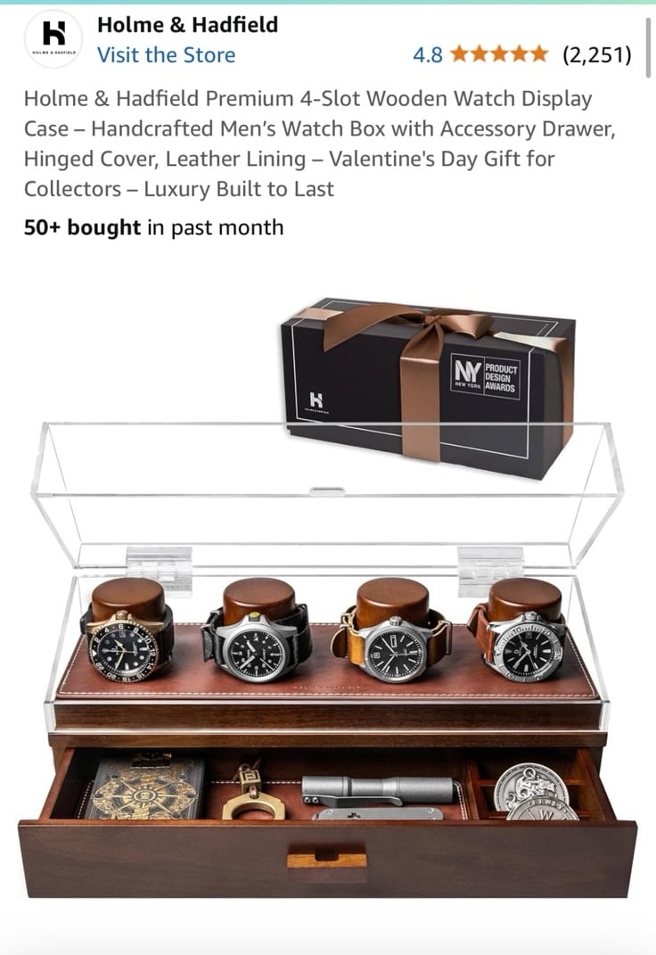 NEW IN BOX Holme & Hadfield Premium 4-Slot Wooden Watch Display Case