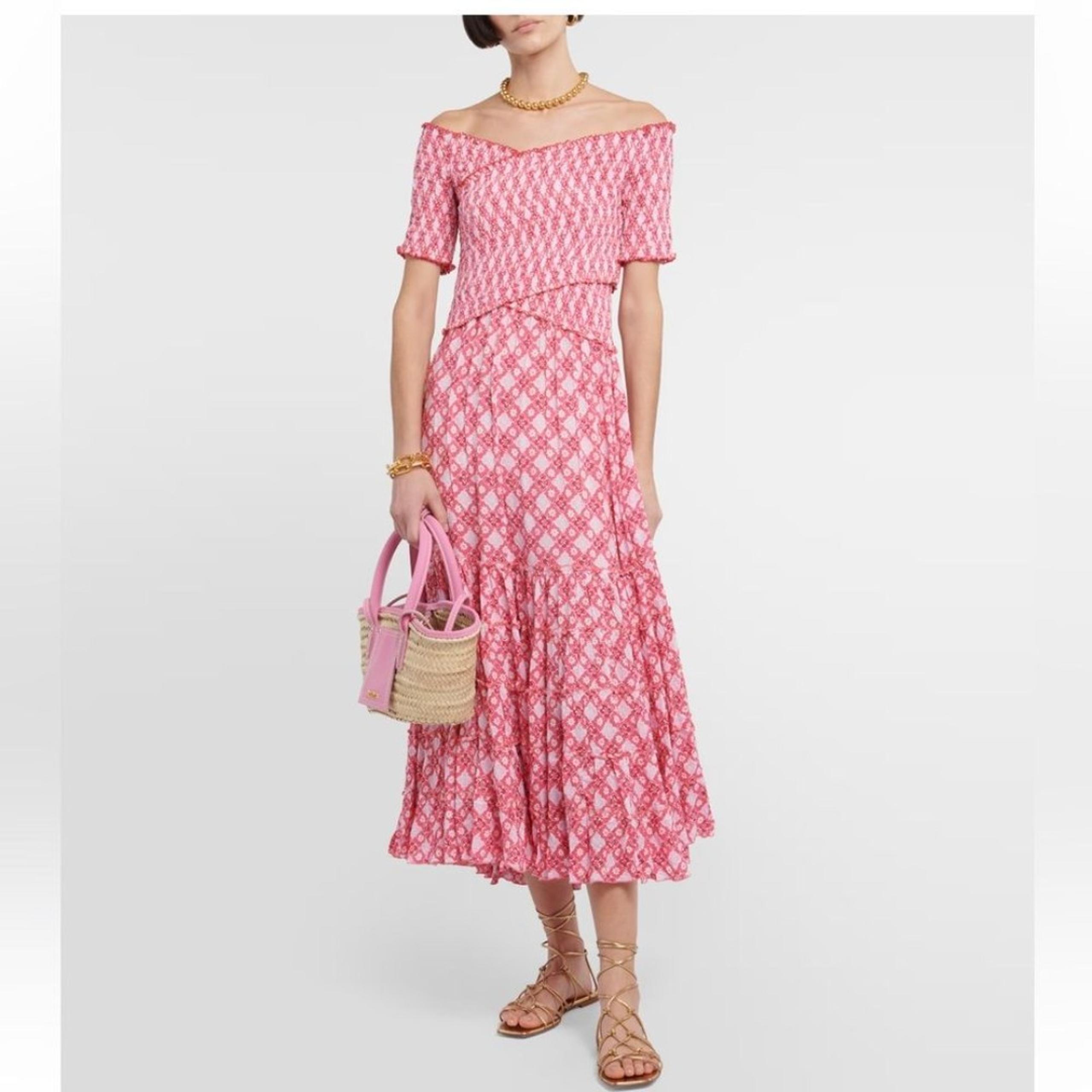 Poupette St. Barth NWT Soledad Ruched Smocked Midi Dress in Pink Hyeres