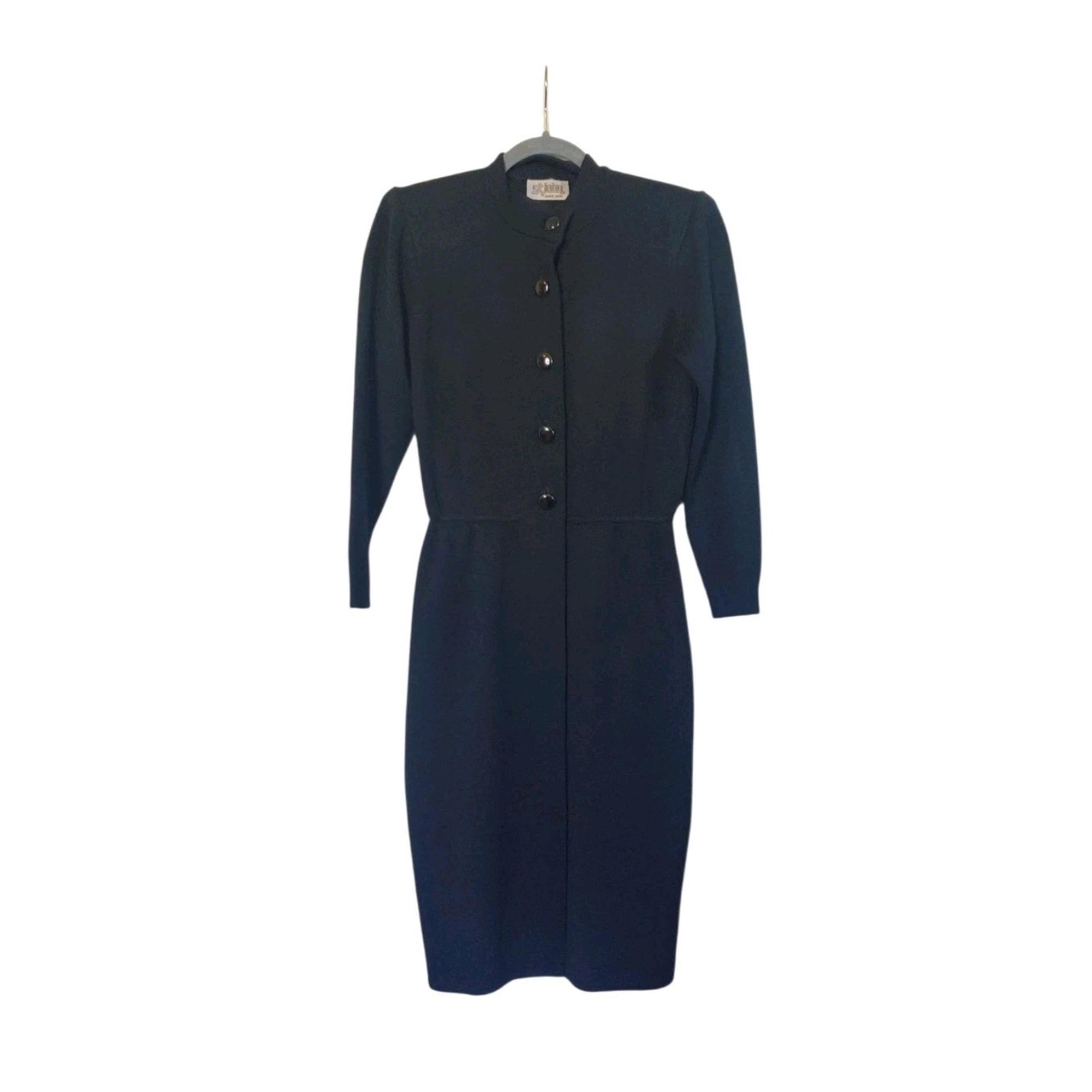 St John Marie Gray Vintage Black Santana Knit Front-Button Midi Dress, Size 6