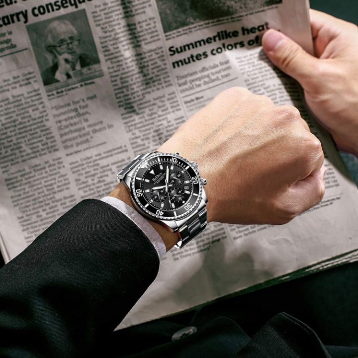 Mens Watches Chronograph Stainless Steel Waterproof Date Analog Quartz for Men