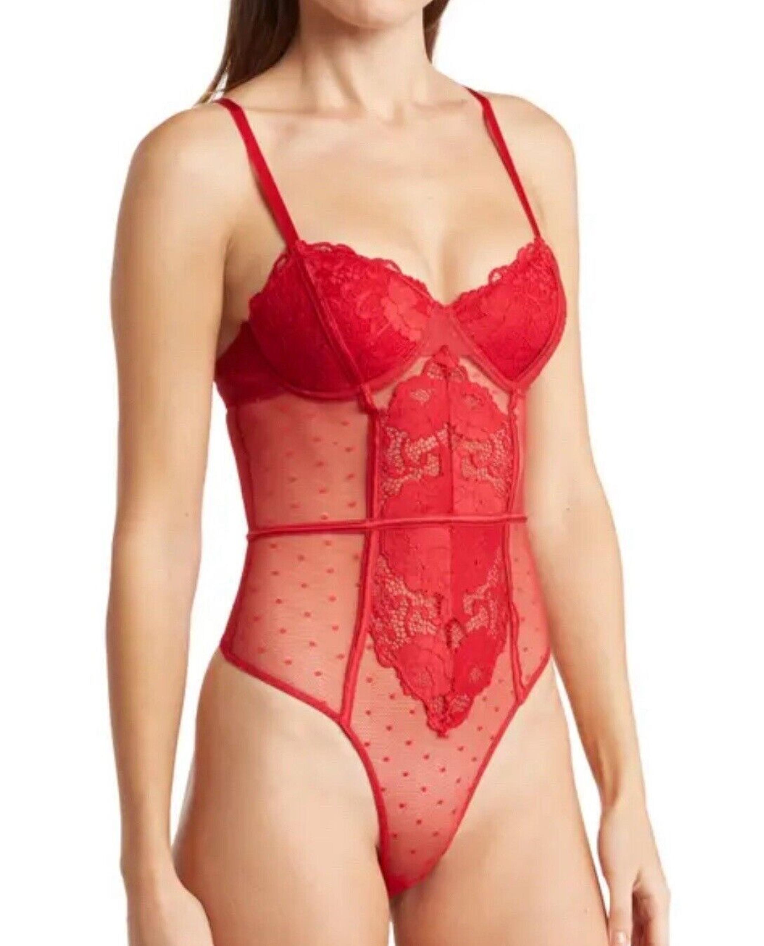 Honeydew Intimates Louisa Lace Dot Mesh Teddy Bodysuit In Vixen Red Sz M New WOT