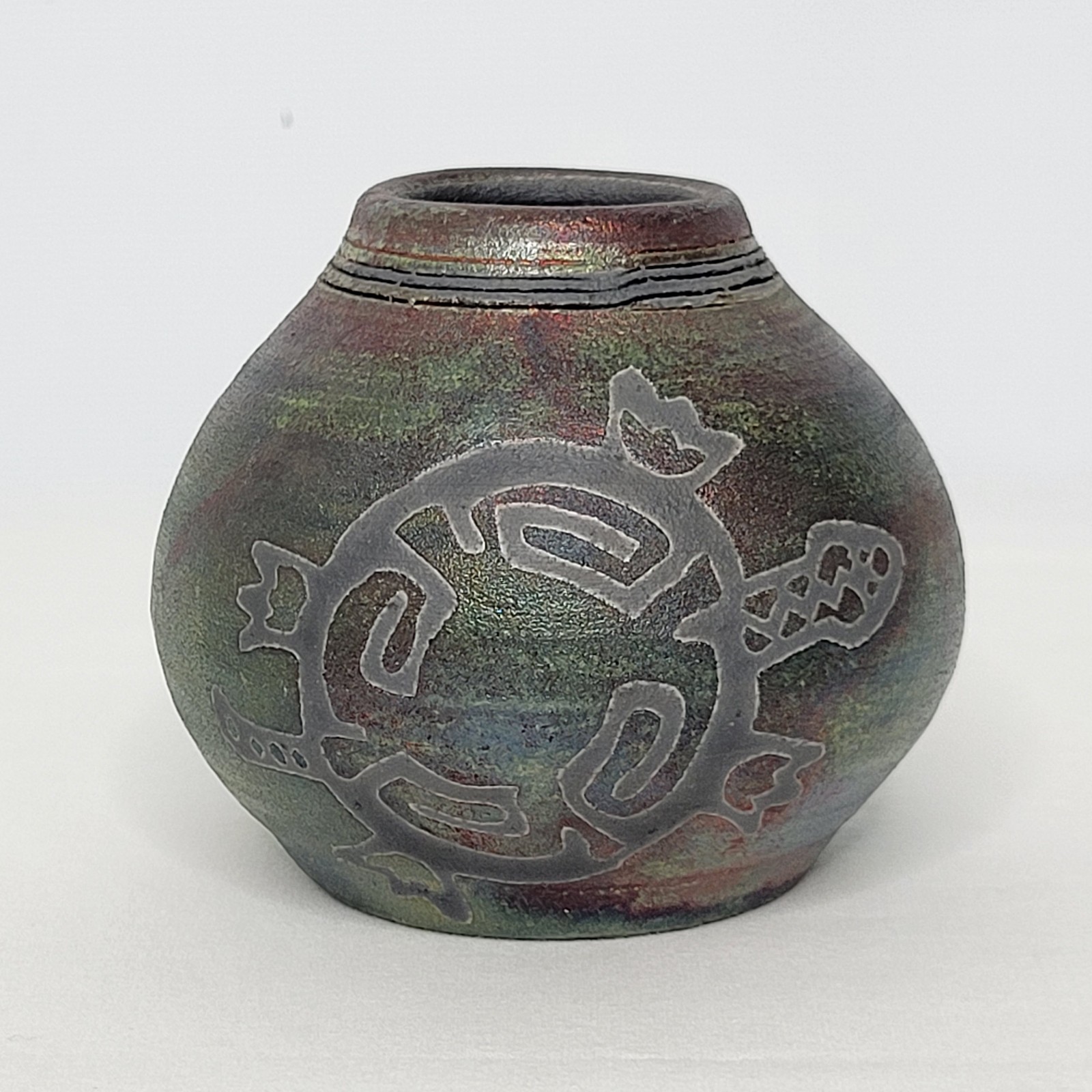 J Diller Raku Art Pottery Miniature 3 Jar Pot Turtle Signed Art Pottery
