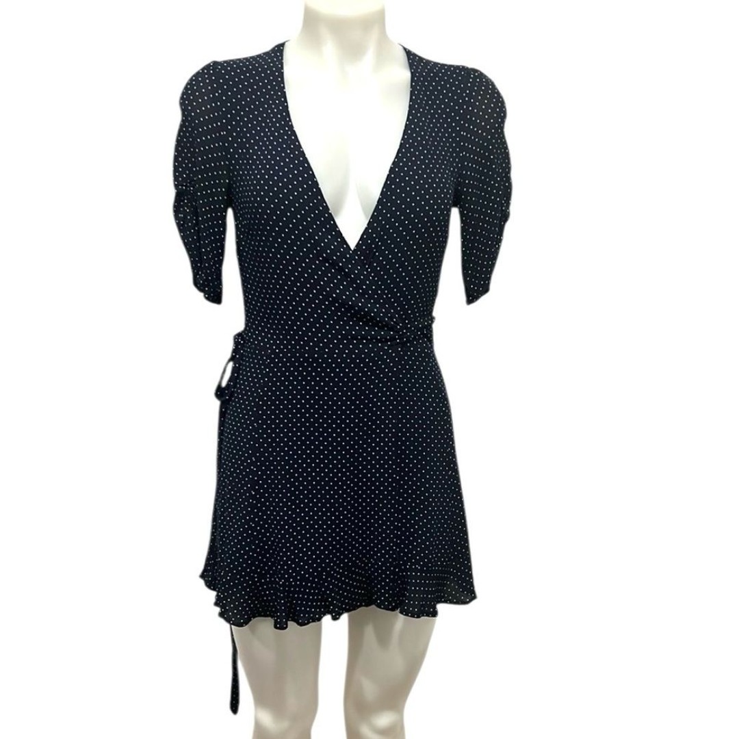Reformation Monica navy polka dot short sleeve wrap dress