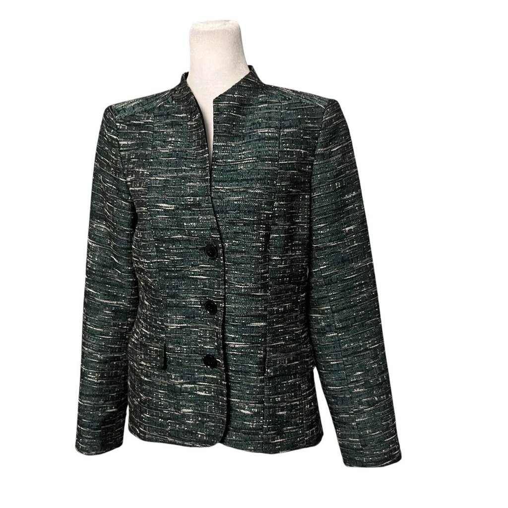 Lafayette 148 Green Black Tweed 3 Button Blazer Size 6