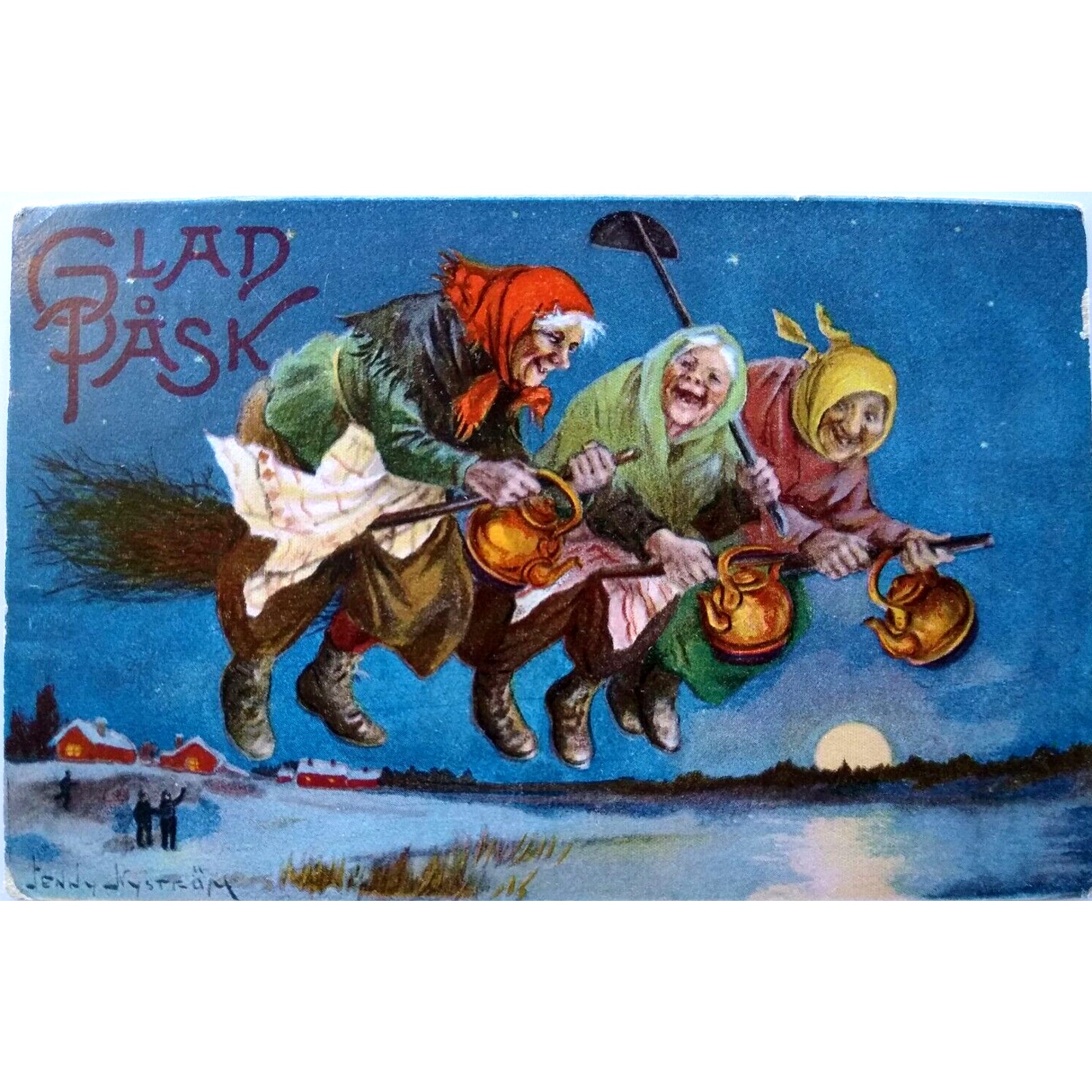 Easter Witch Postcard Glad Pask 3 Witches Tea Pots Brooms Moon Jenny Nystrom