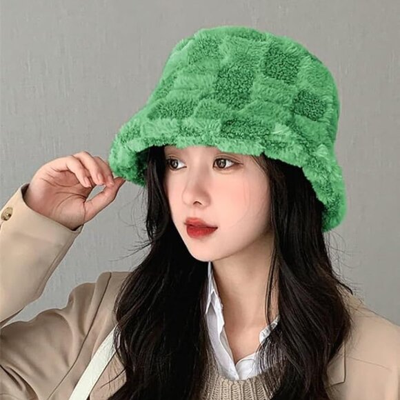 Green Checkerboard Velvet Bucket Hat OS New