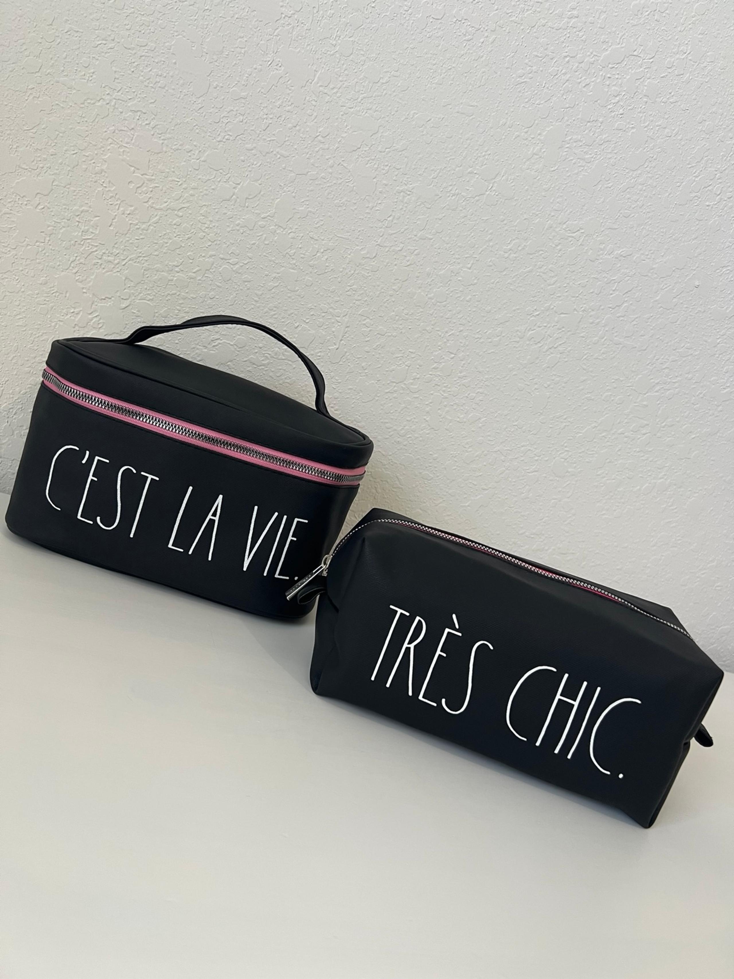 Rae Dunn Black and Pink French C’Est La Vie and Très Chic Cosmetic Travel Bags
