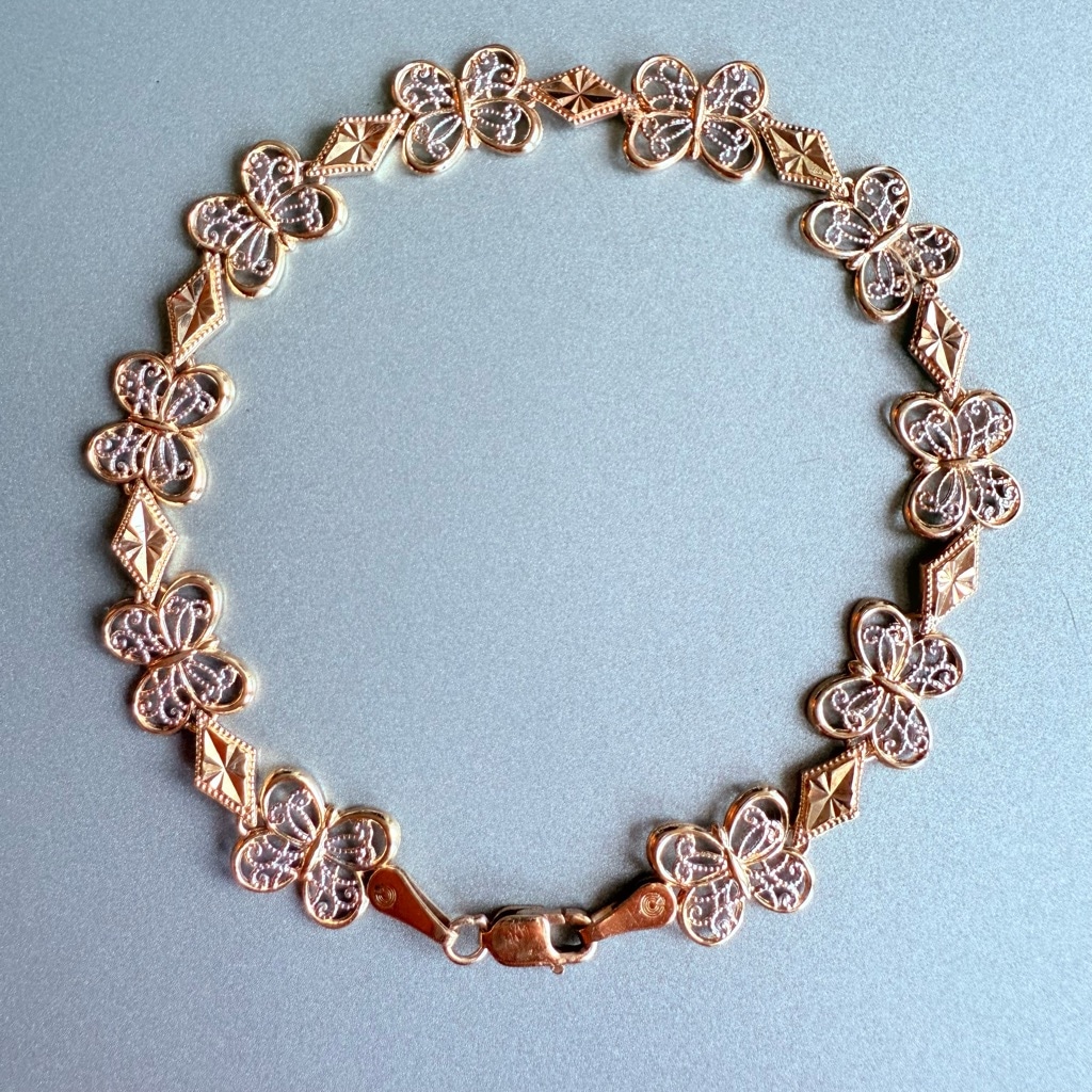 Estate 10K Solid Yellow Gold Butterly Filigree Panel Bracelet 7" Vintage