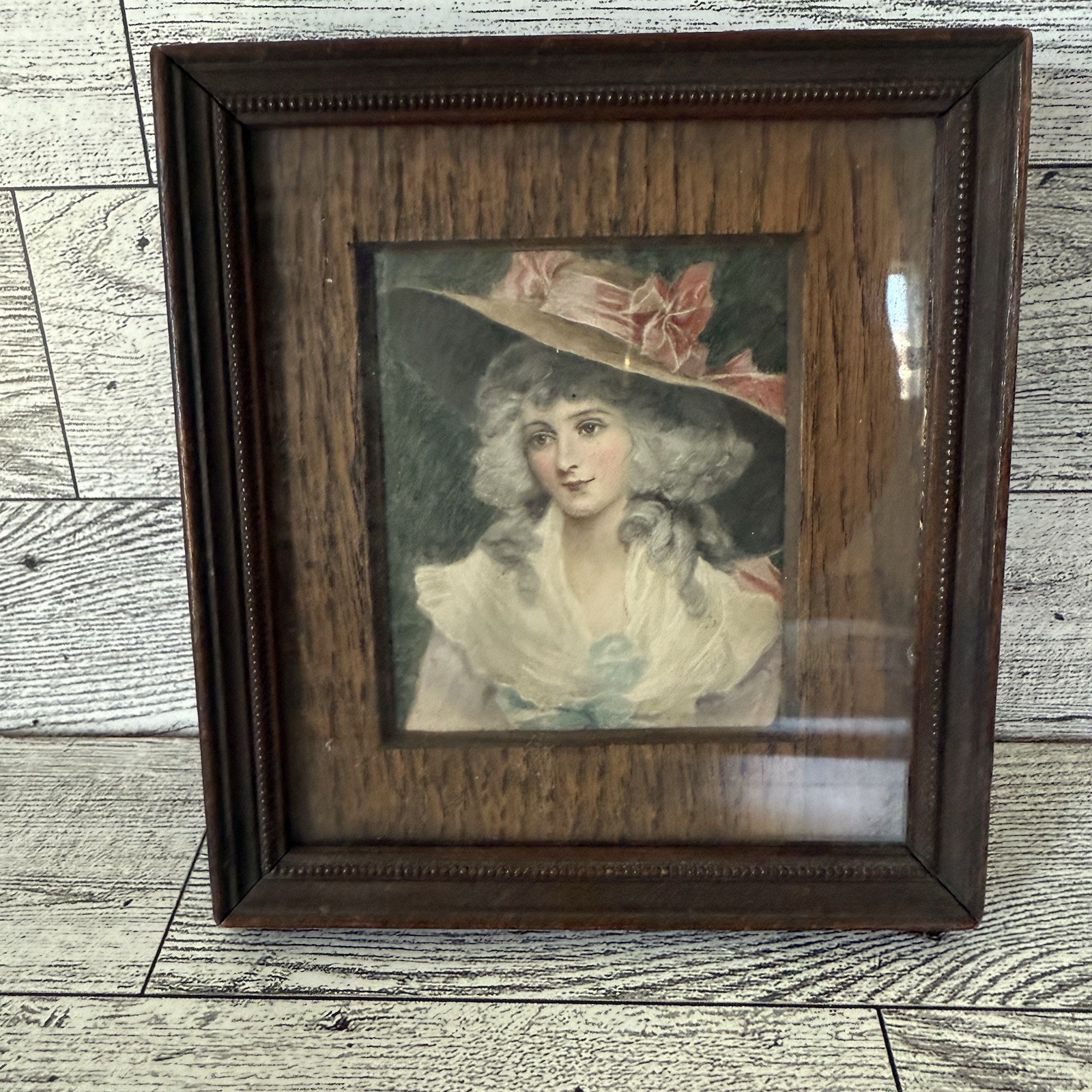 Vintage Lady With Hat hand painted miniature painting Brown Wooden Square Frame