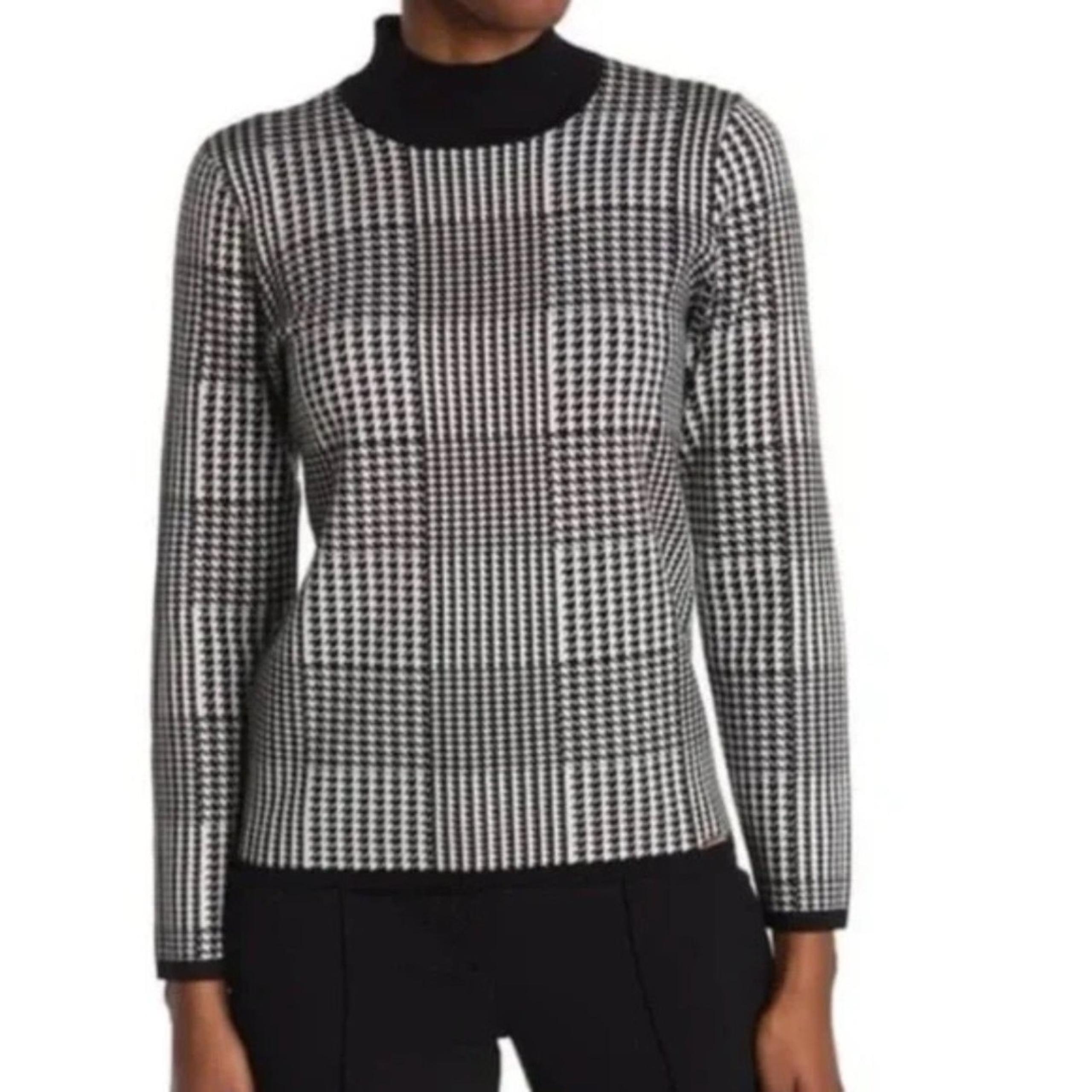 T Tahari Large Black White Houndstooth Sweater Mock Neck Rayon Nylon