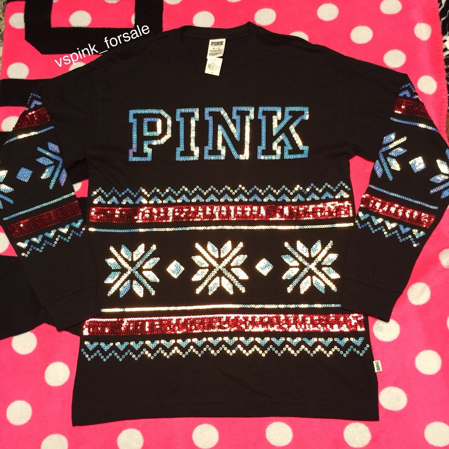 VS PINK XS Bling Holiday Campus Tee NWT Fair Isle