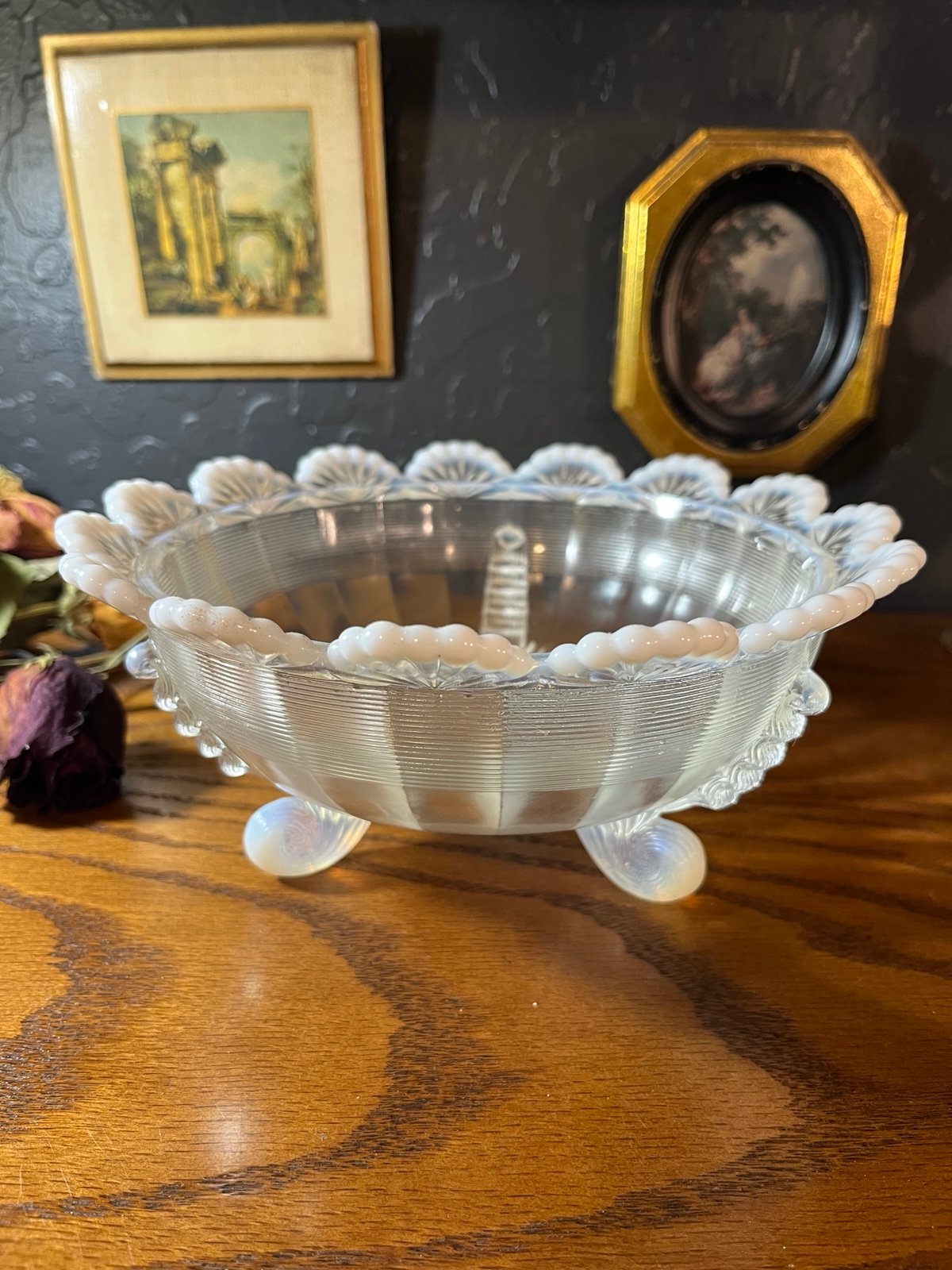 Vintage Moser glass Clear Opalescent bowl Klondyke Tri-Footed