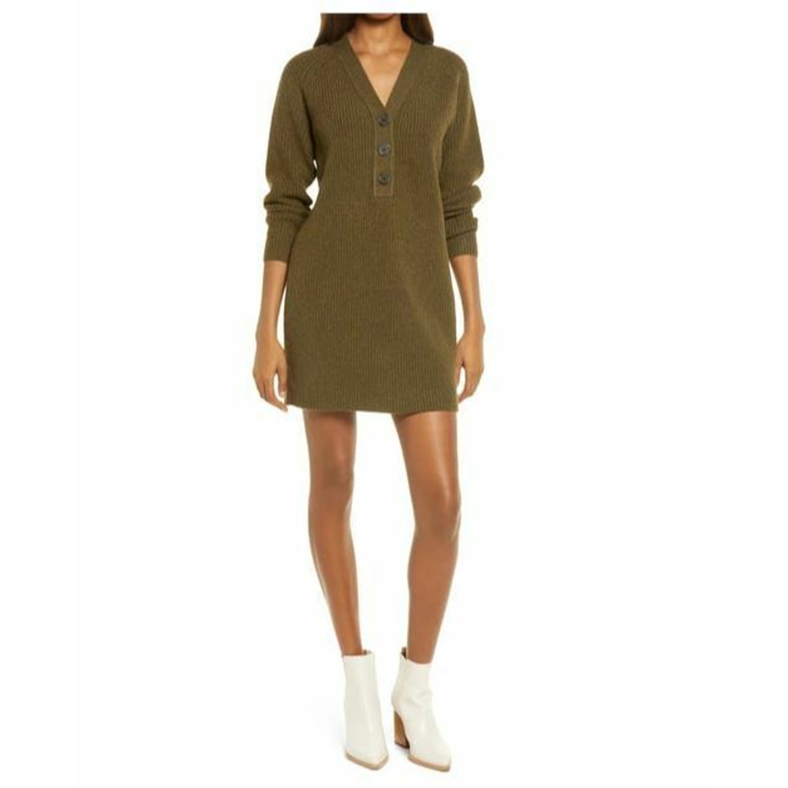 MADEWELL NEW 118 Henley Long Sleeve Sweater Dress Heather Elm Small