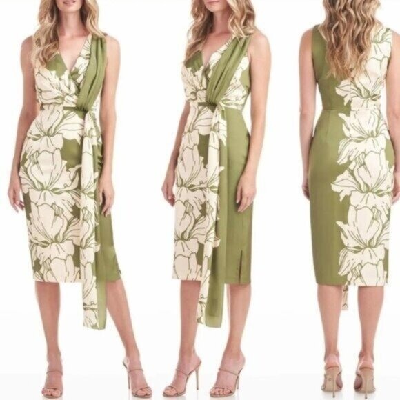 NEW Kay Unger Satin Floral Draped Sheath Dress