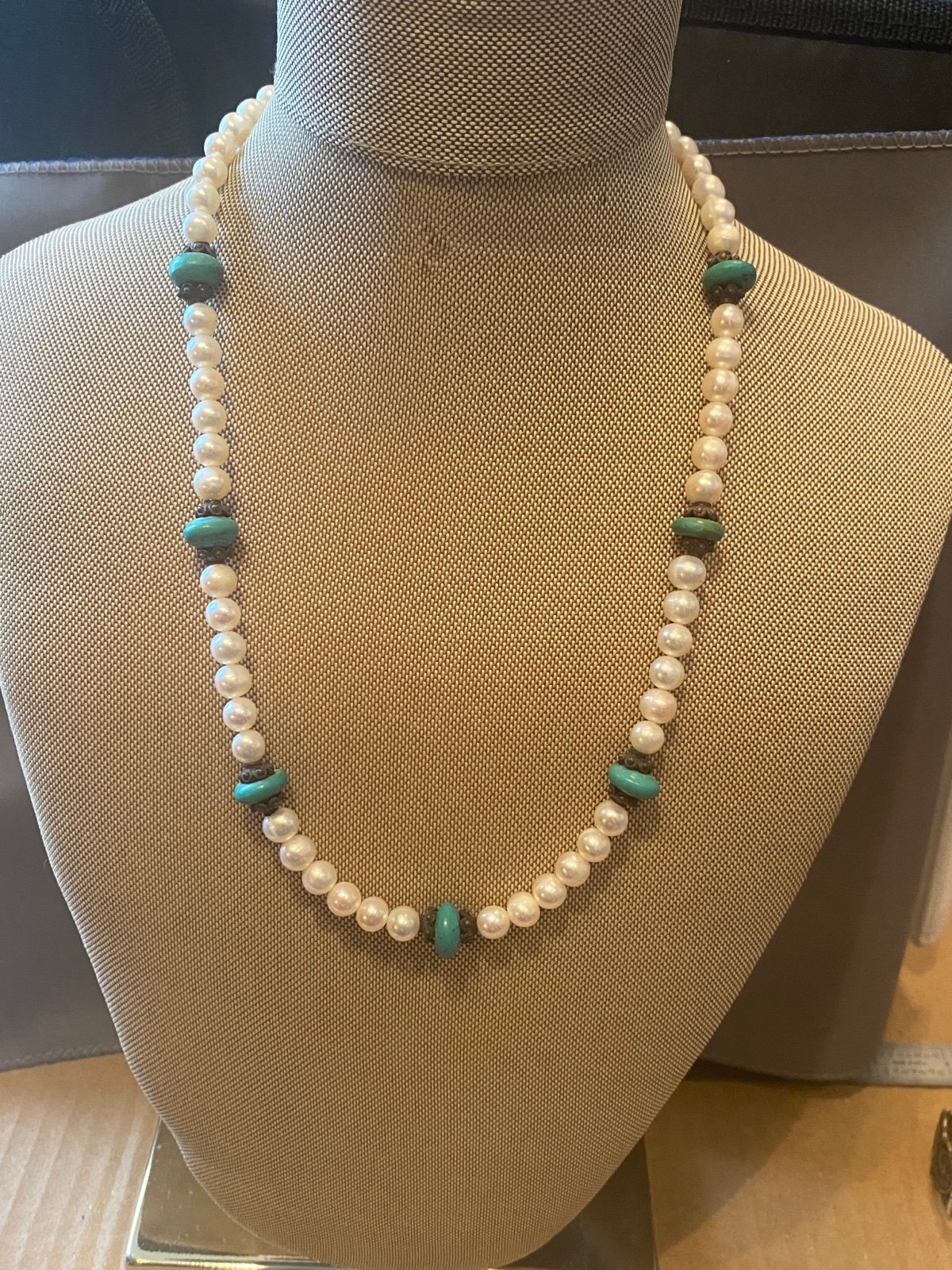 Sterling 925 and Pearl turquoise necklace 20”