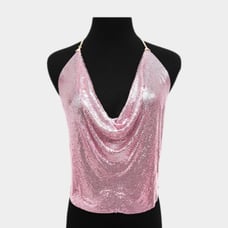 Pink Gold Mesh Metal Backless Body Chain Crop Top Fashion Statement Necklace
