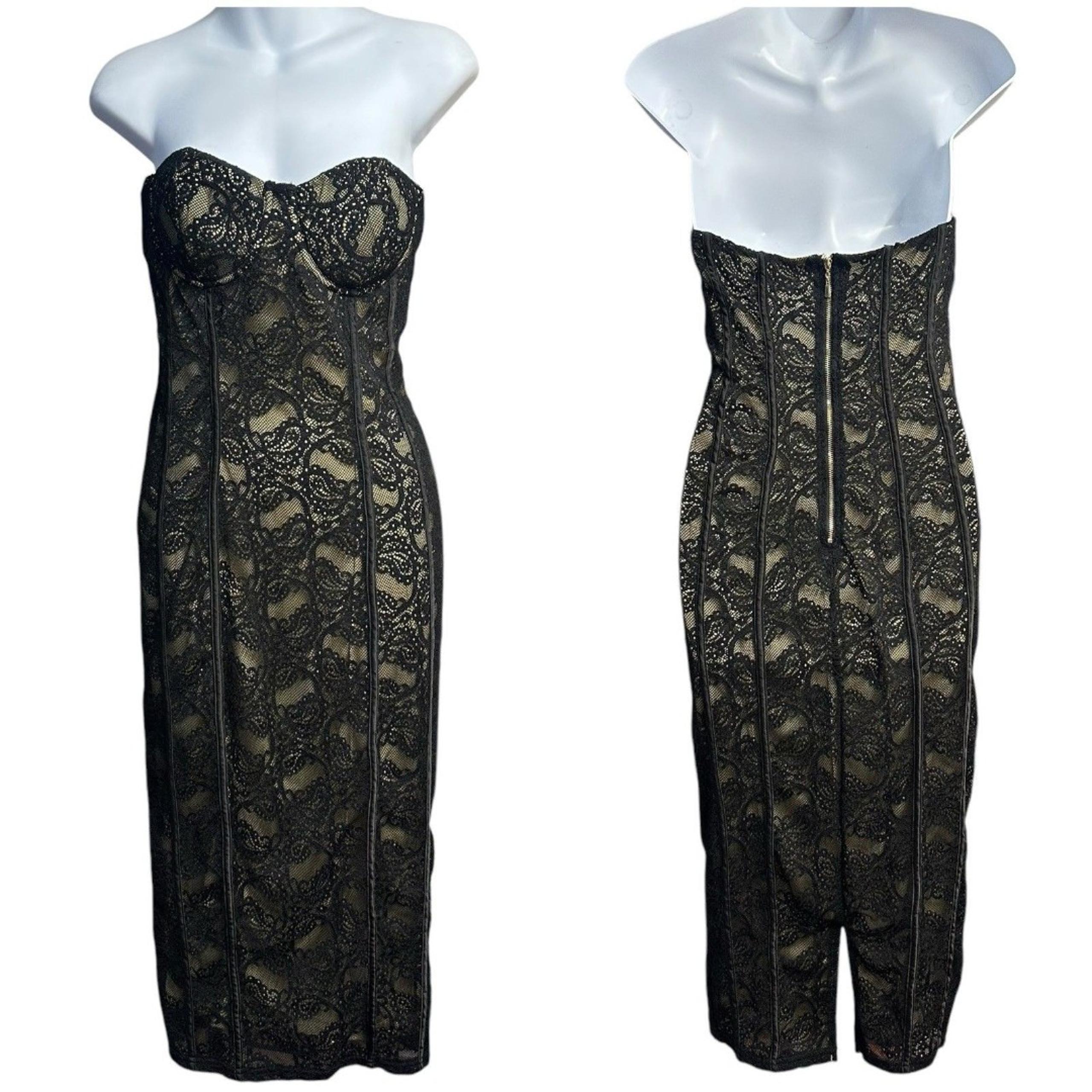 Fashion Nova Bodycon Midi Dress Womens Medium Black Beige Lace Strapless Sexy