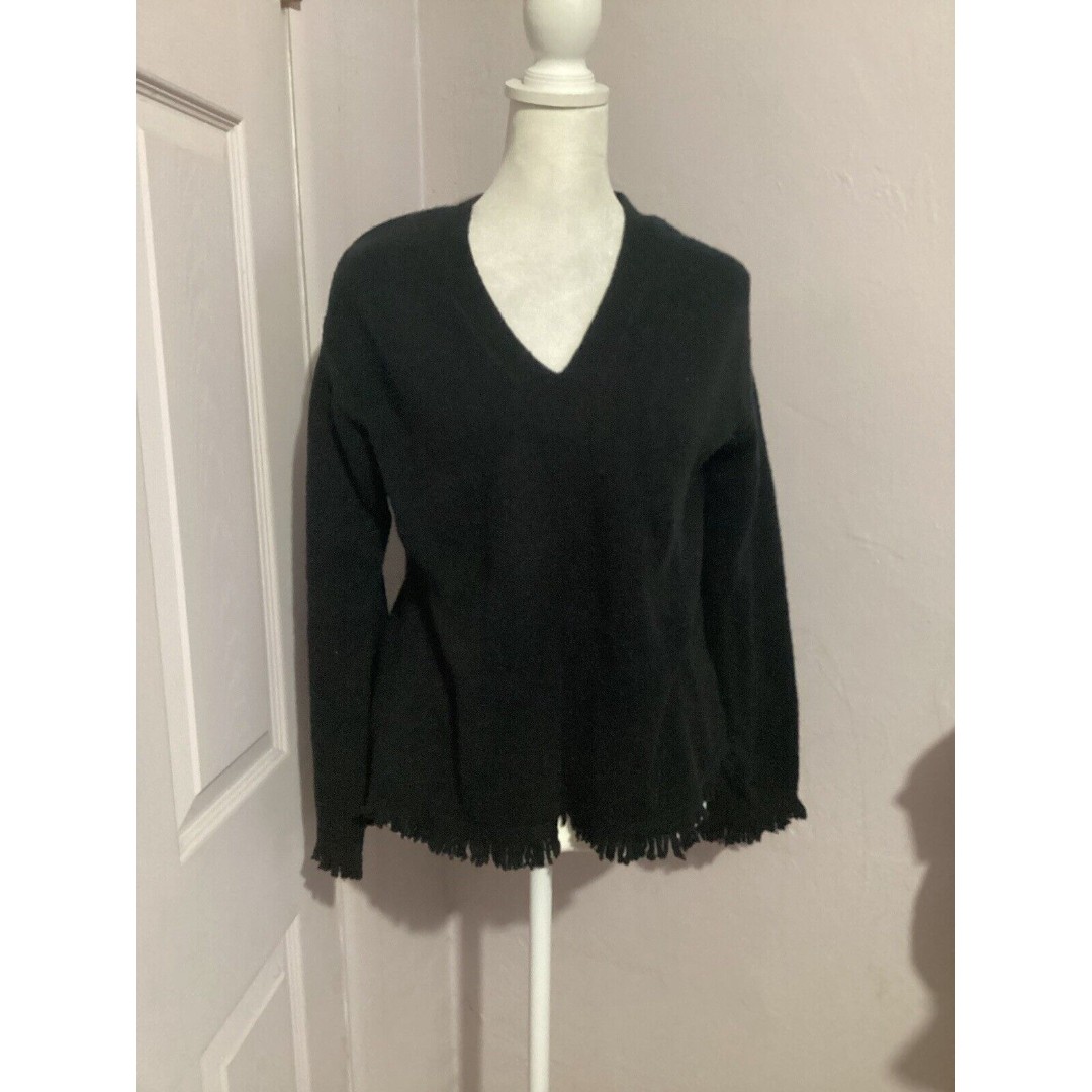 Anthropologie Wool Alpaca Blend Black V-neck Fringe Sweater