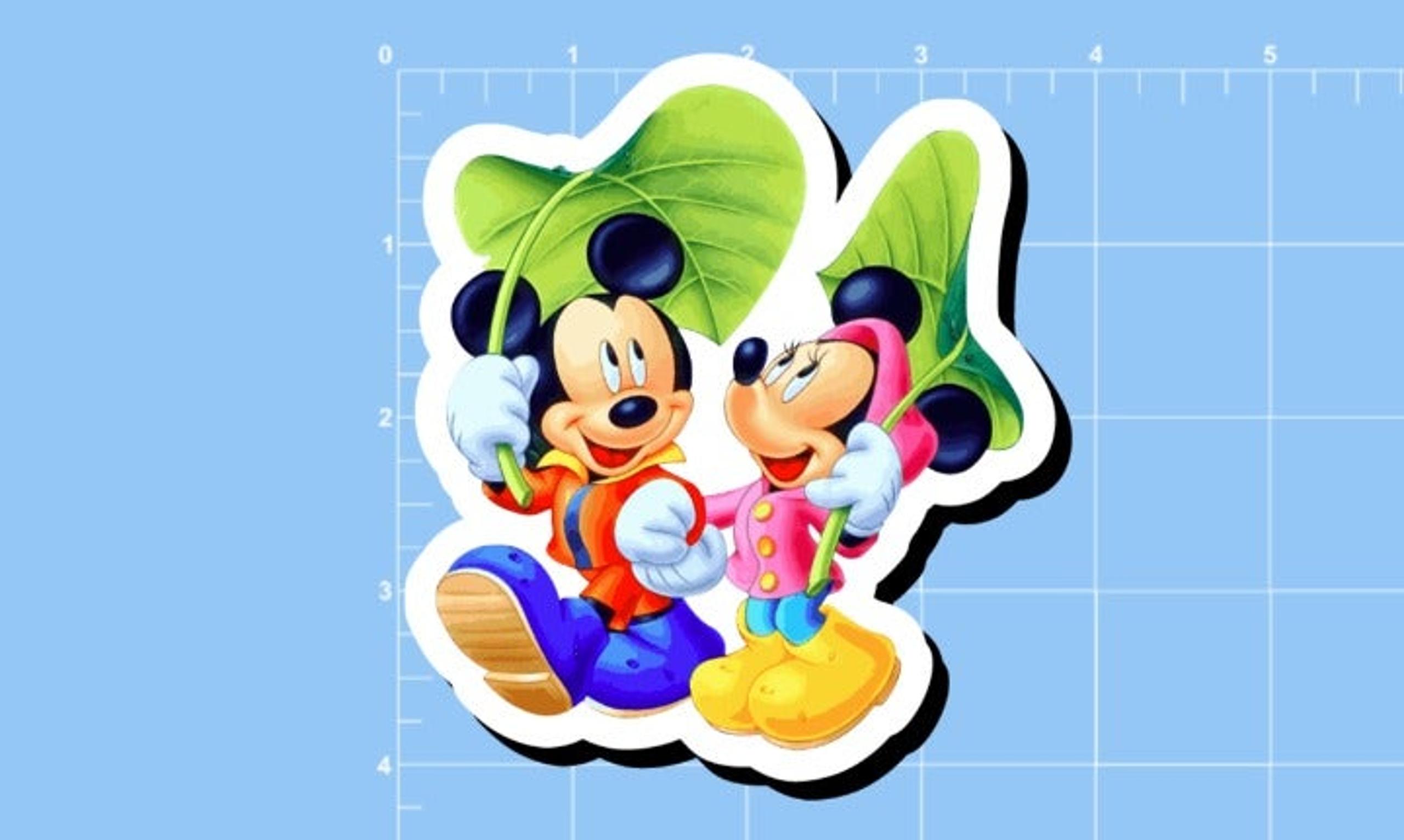 4" Cute MICKEY & MINNIE MOUSE with a leaf umbrella scrolling about Sticker
