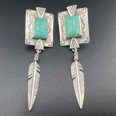 CAROLYN POLLACK STERLING SILVER 925 TURQUOISE RECTANGLAR FEATHER POST EARRINGS
