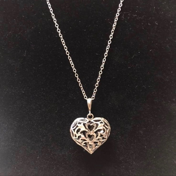 Antique Silver Heart Filigree Pendant 925 Necklace