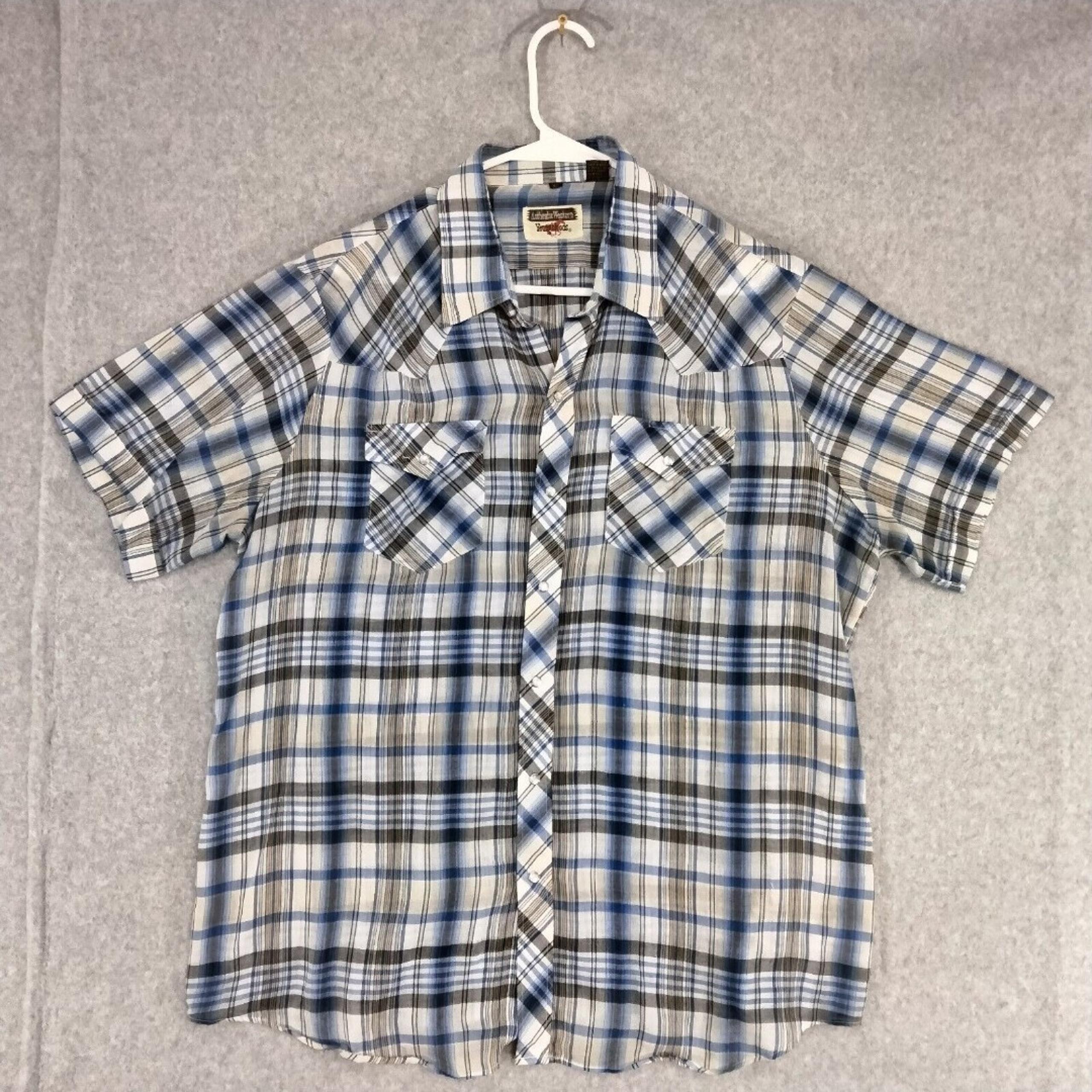 Youngbloods Western Shirt Mens XL Blue Plaid Short Sleeve Pearl Snap Button Up