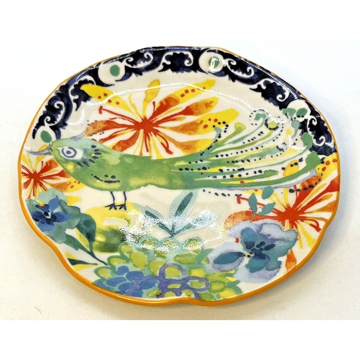 Anthropologie DODI Saucer Trinket Dish Handpainted Peacock Design