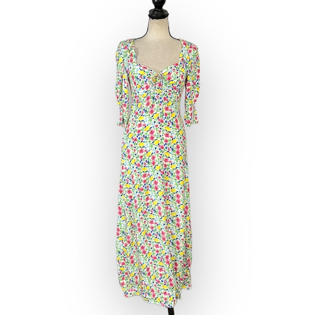 Olivaceous Midi Dress Women's Sml Yellow Pink Floral A-Line Sweetheart Neck NWT