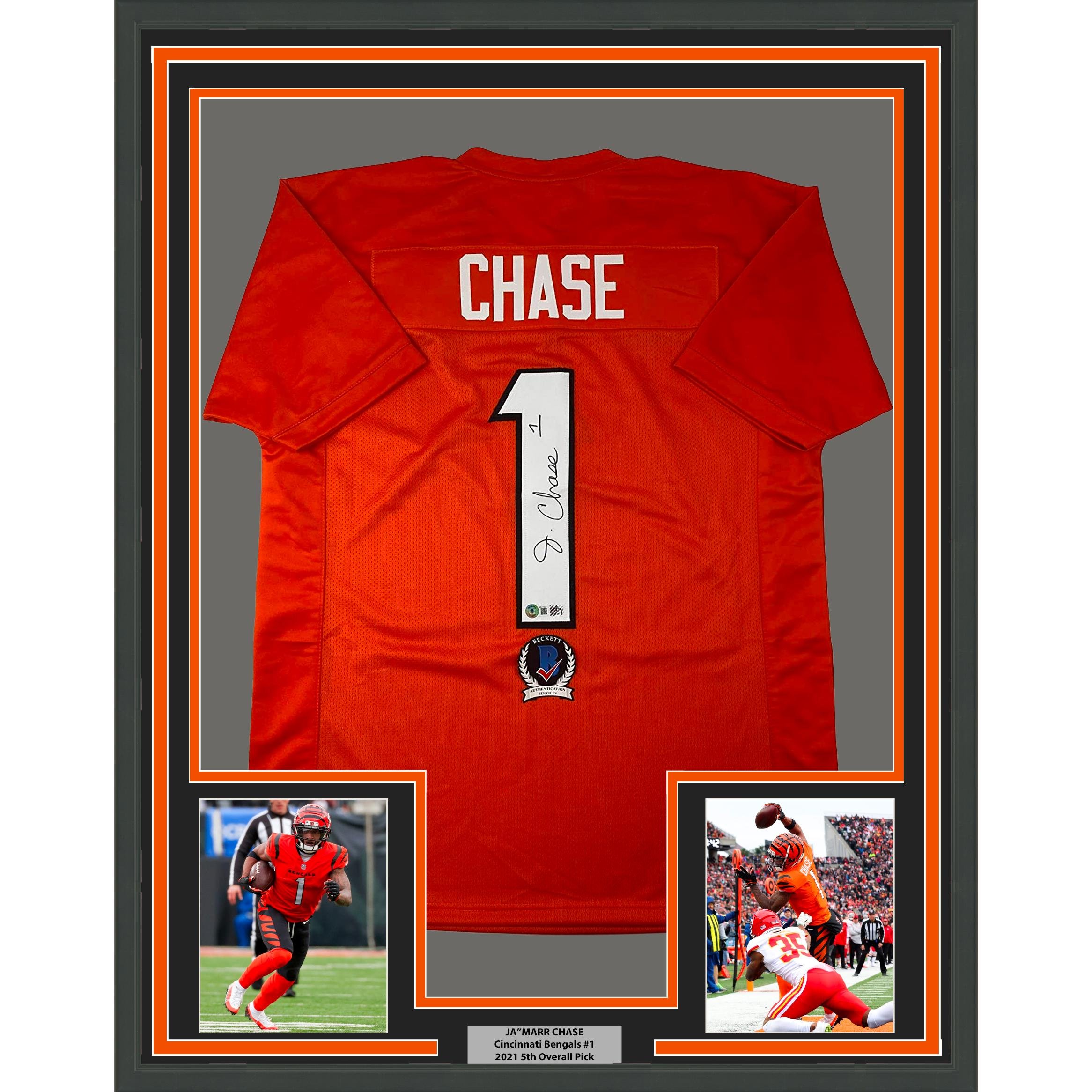 Framed Autographed/Signed Ja'Marr Chase 35x39 Cincinnati Orange Jersey Beckett
