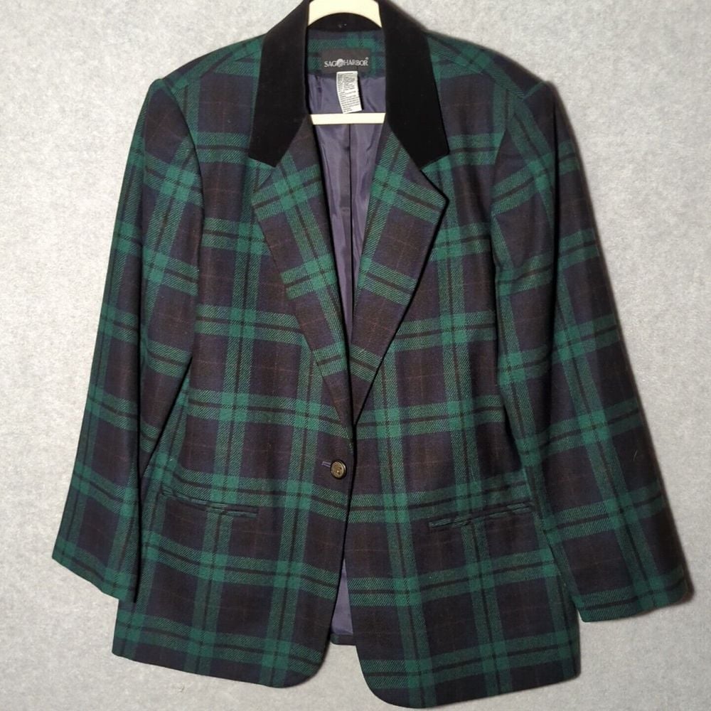 VTG Sag Harbor Oversized Tartan Plaid Wool Blend Velvet Collar Blazer Plus 16