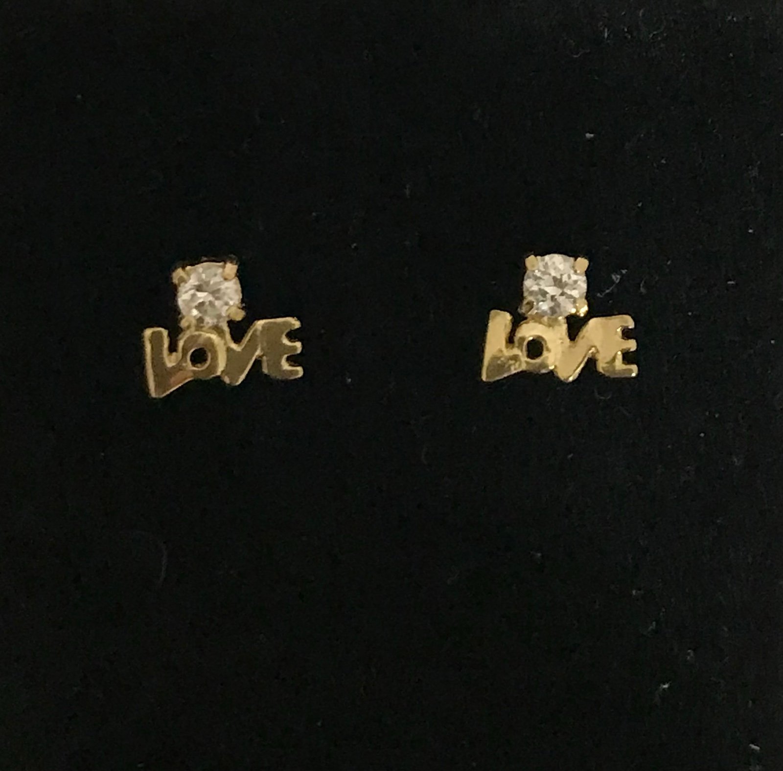 14k Gold Figural Love and Square Zirconia CZ Stud Earrings.