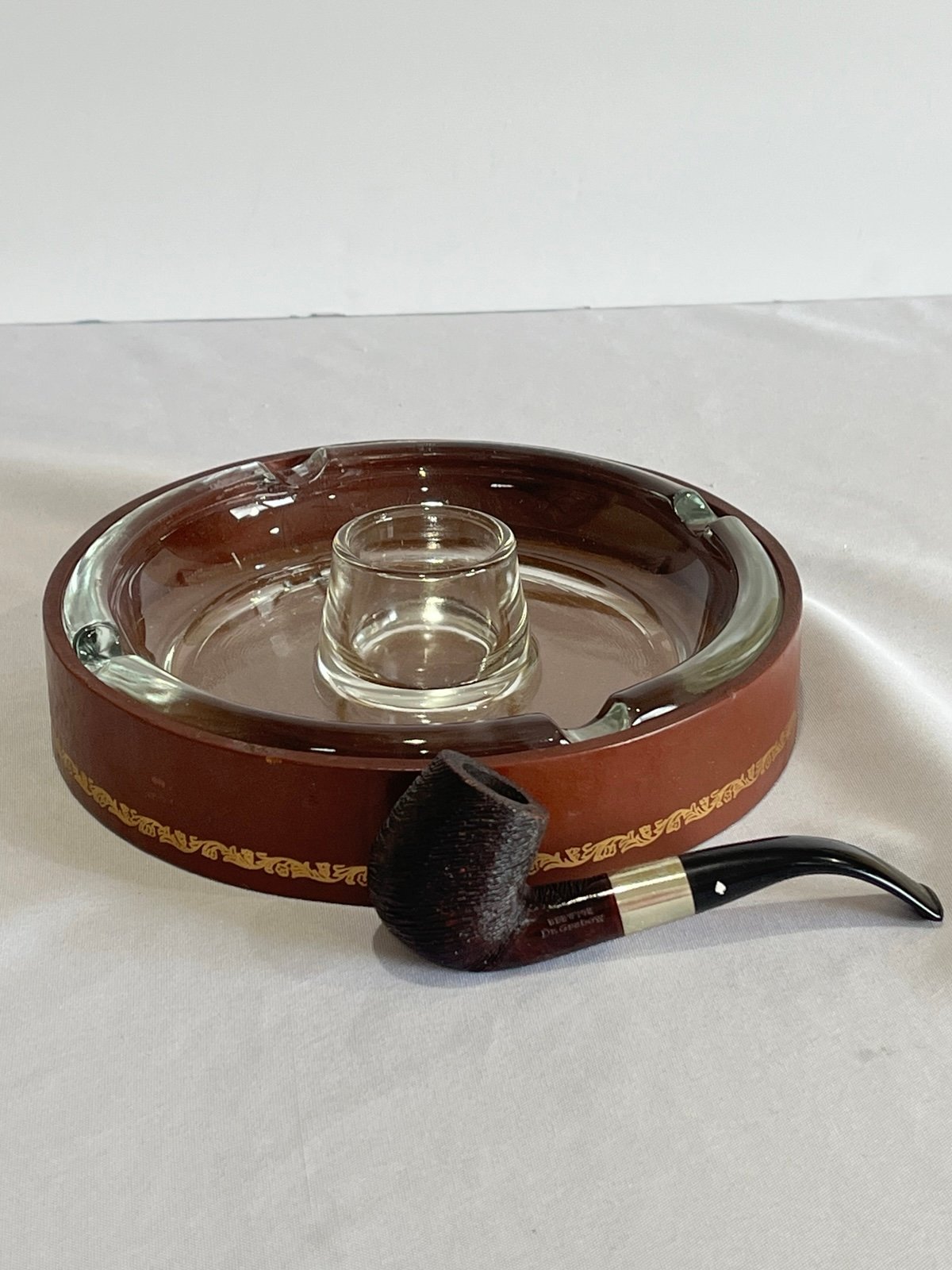 Vintage glass ashtray in leather base with Dr Grabow Berwyk pipe