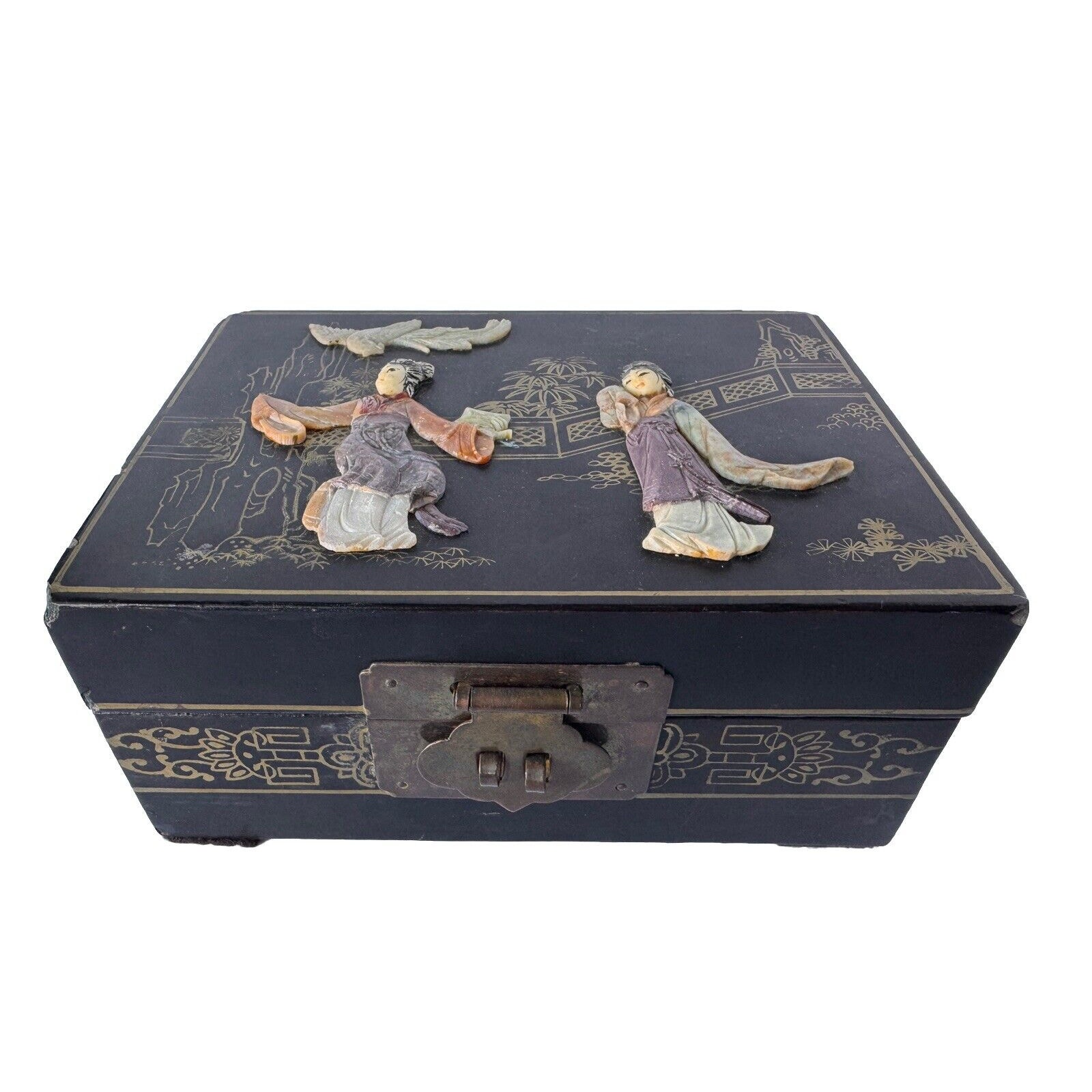 ANTIQUE CARVED STONE JADE BLACK WOOD LACQUERED CHINES JEWELRY BOX