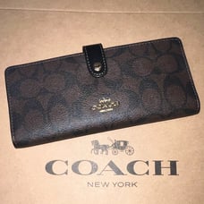 NWT COACH Slim Long Wallet In Signature Canvas Brown/Black Gold Hardware