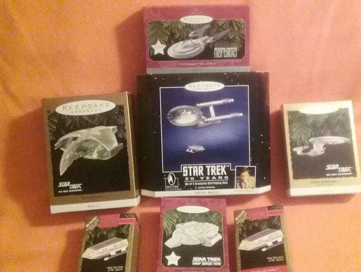 8 NIB XMAS HALLMARK STAR TREK ORNAMENTS LIGHT UP TALKS SOME IN CAPT KIRK VOICE