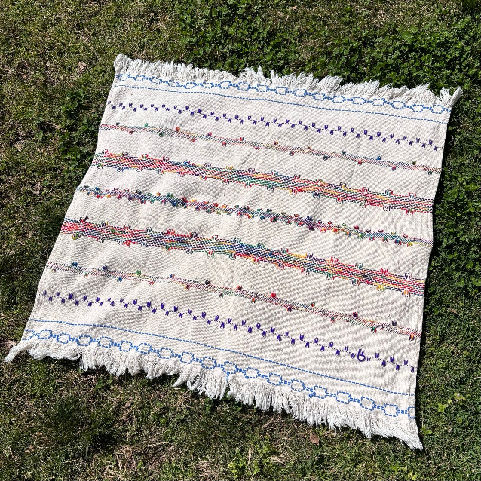 Vintage 70s Woven Fringe Multicolor Rug