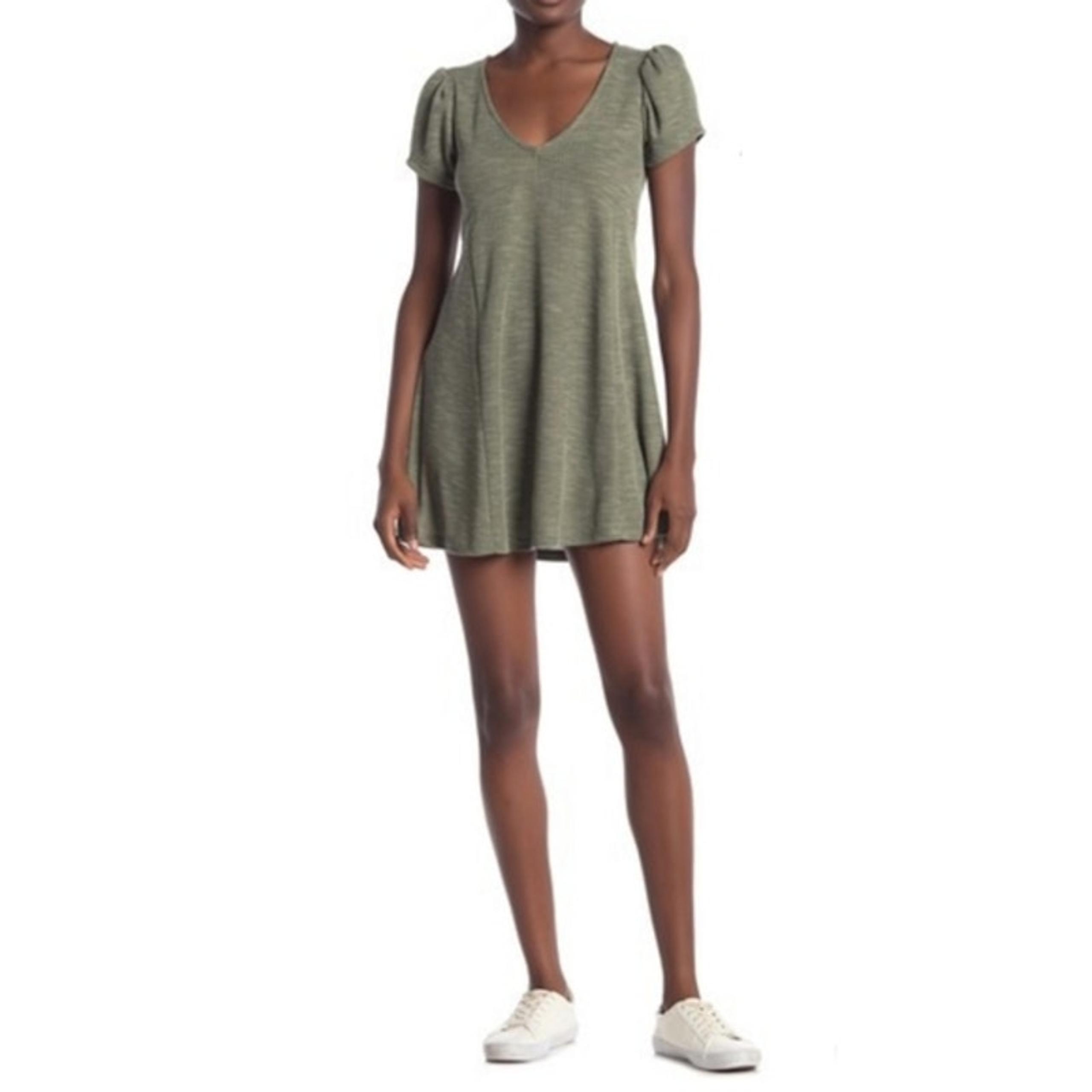 Velvet Torch Dress Womens Large Sage Green Puff Sleeve Mini Knit