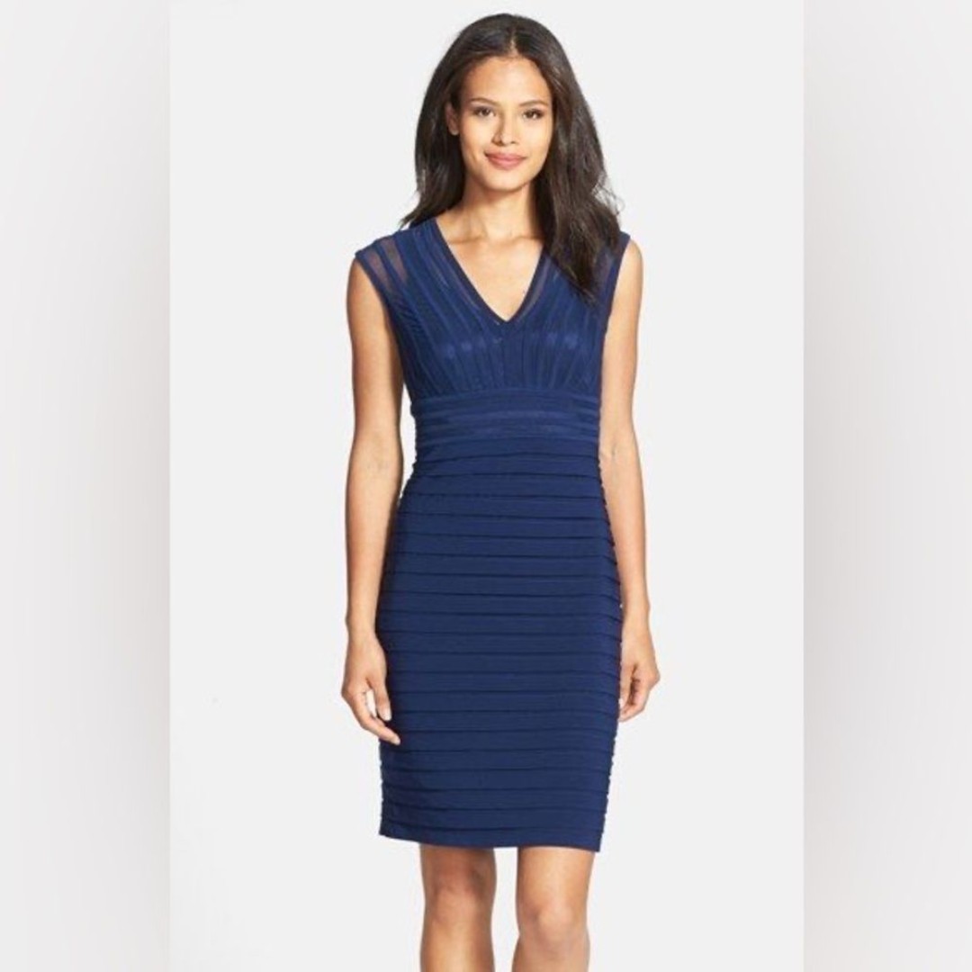 Adrianna Papell Shutter Pleat Jersey Sheath Dress Navy Wedding Cocktail Sz 12P