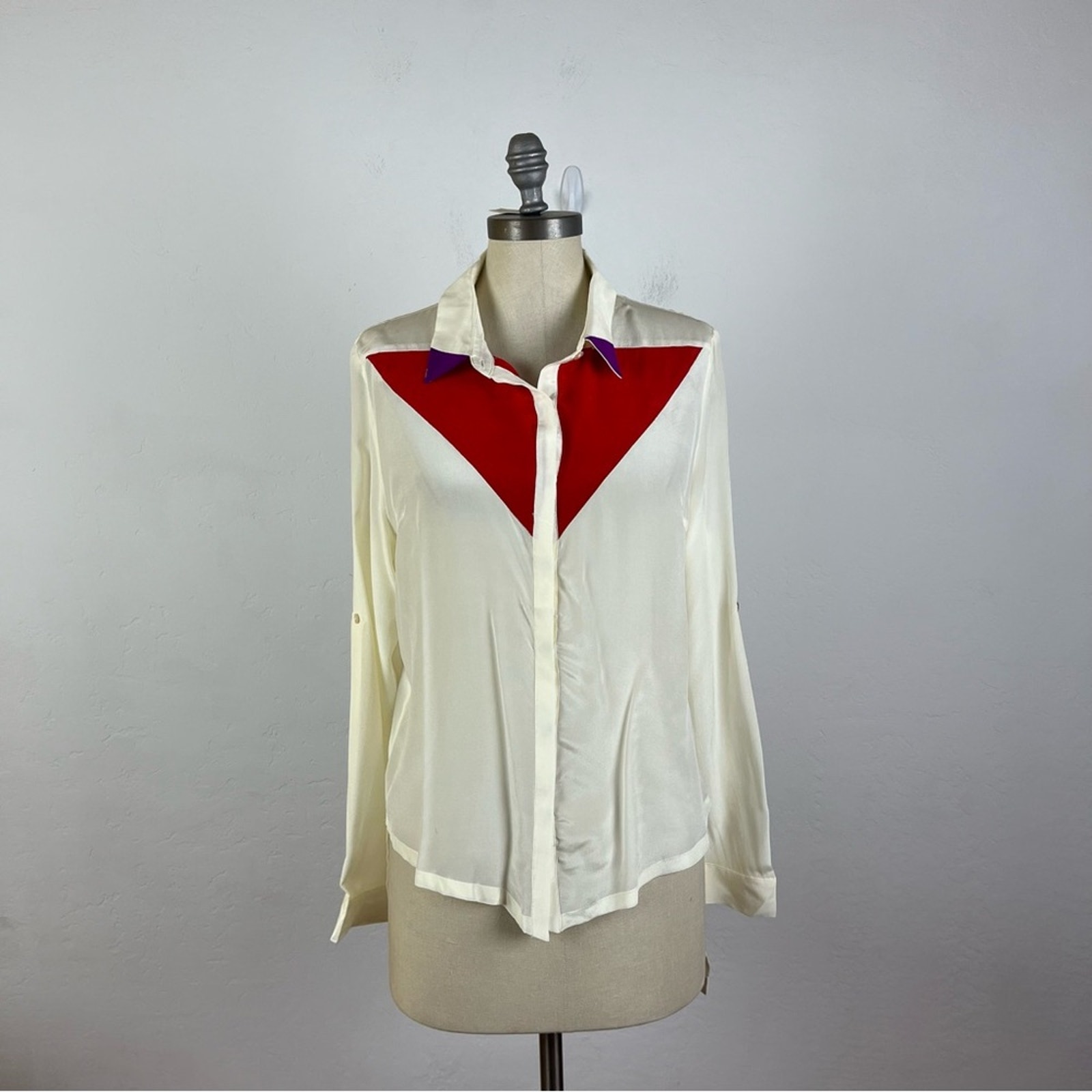 Line & Dot Silk Color Block Button Down NWT Large