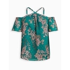 Torrid Womens Plus Size 2 Cold Shoulder Halter Top Crinkle Chiffon Floral Green