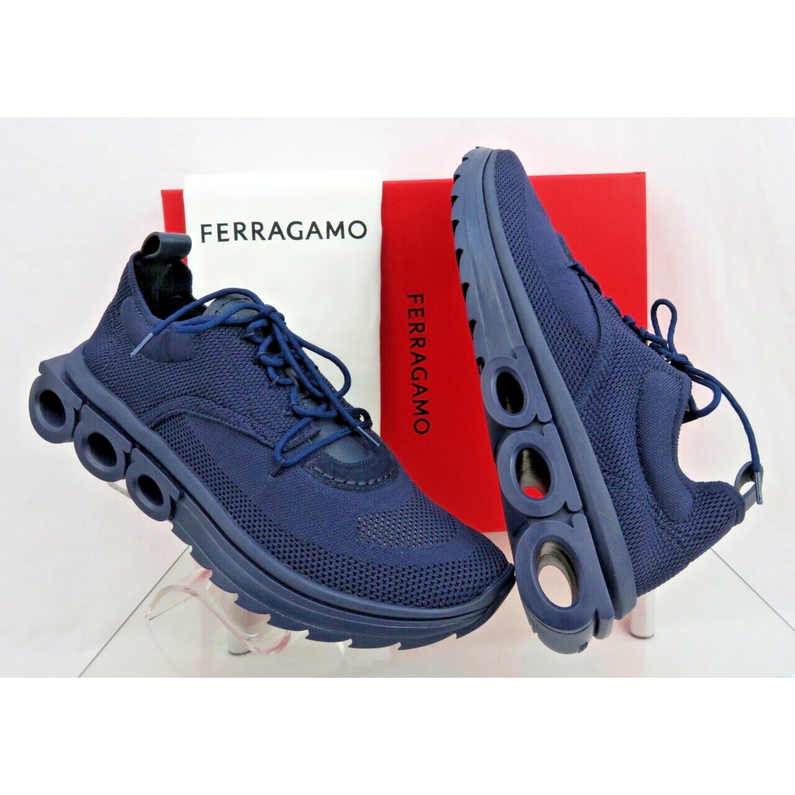 1K NIB FERRAGAMO DARK BLUE NIMA KNIT MESH LOGO LOW TOP SNEAKERS US 9 42 ITALY