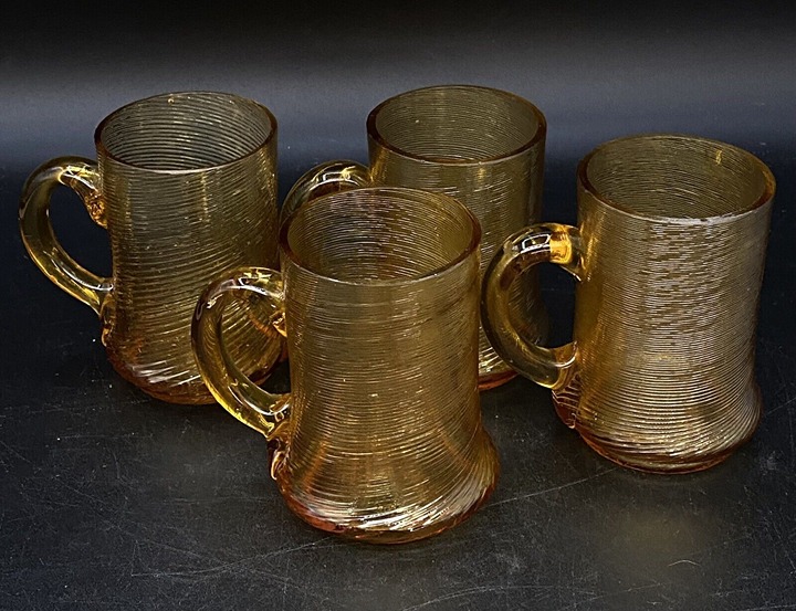 Amber Blown Glass Threaded With Handle Espresso Cups Set Of 4