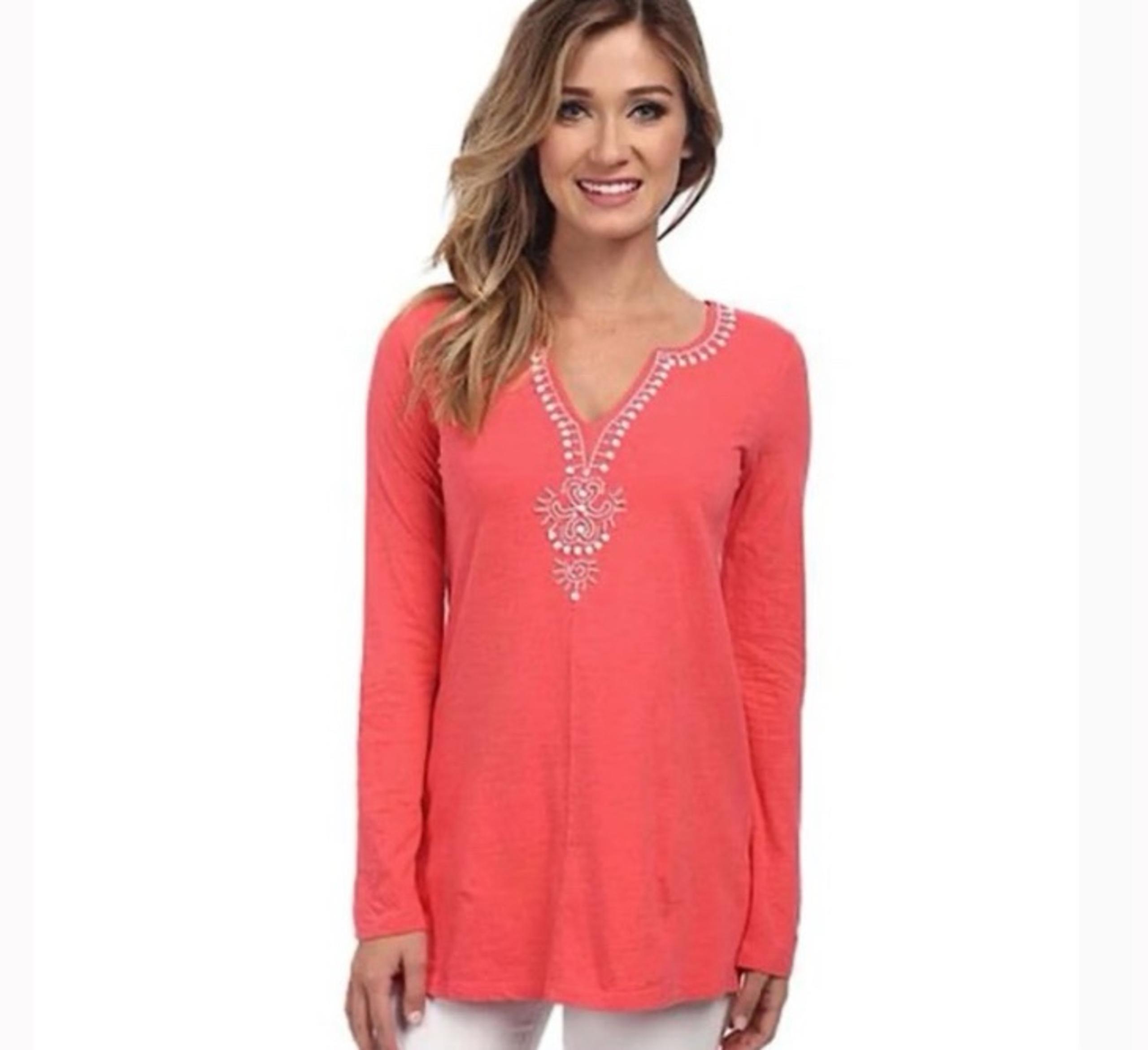Lilly Pulitzer Eilana Coral Long Sleeve Tunic Top Women Size Large Beaded Summer