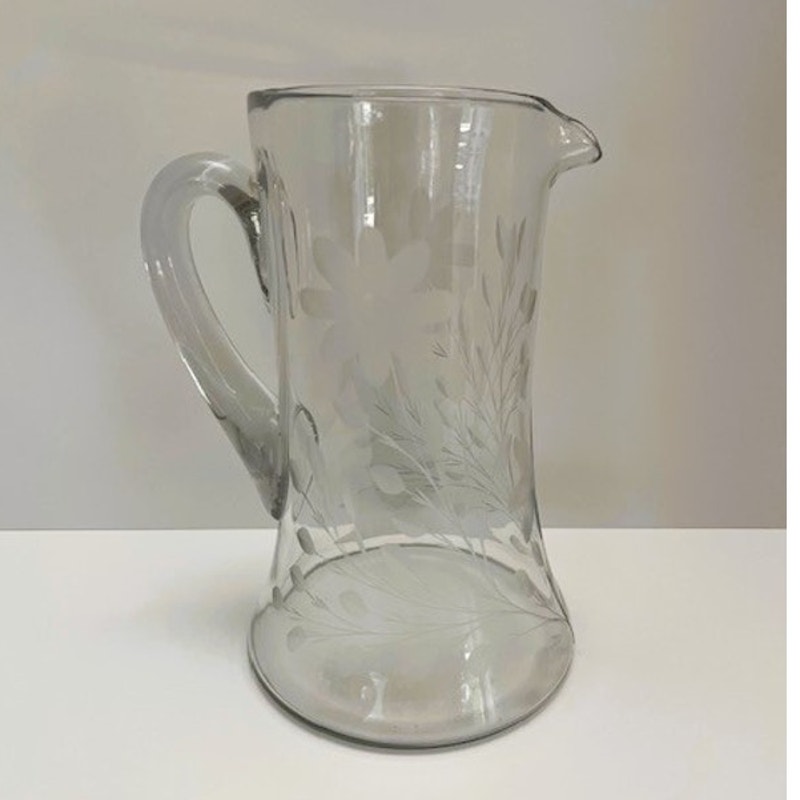 Vintage Tiffin Glass, Etched Floral & Stem, Cut Stem, Tall Glass Pitcher (1930s)