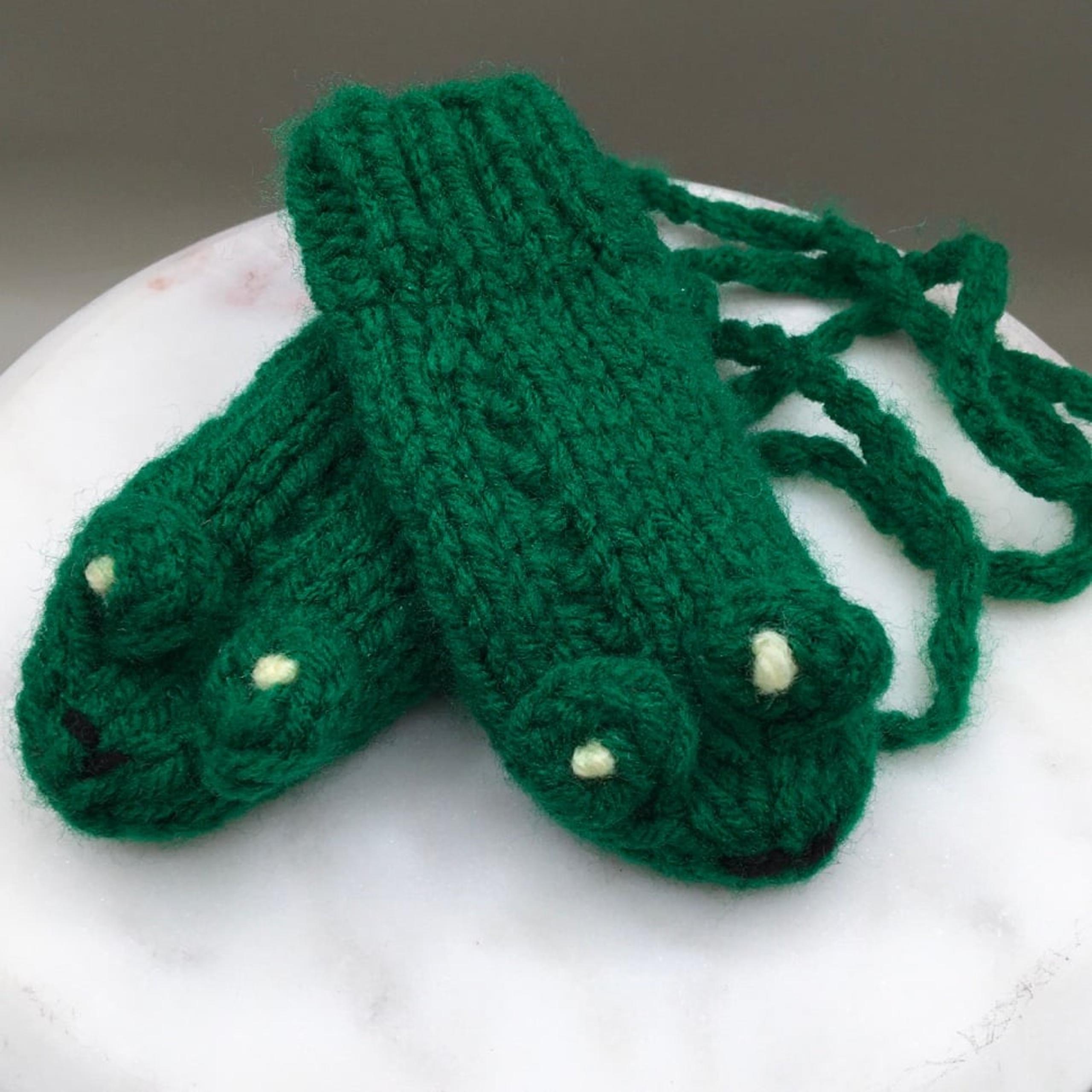 Knitted Frog Baby Mittens W/String Green Amish Made